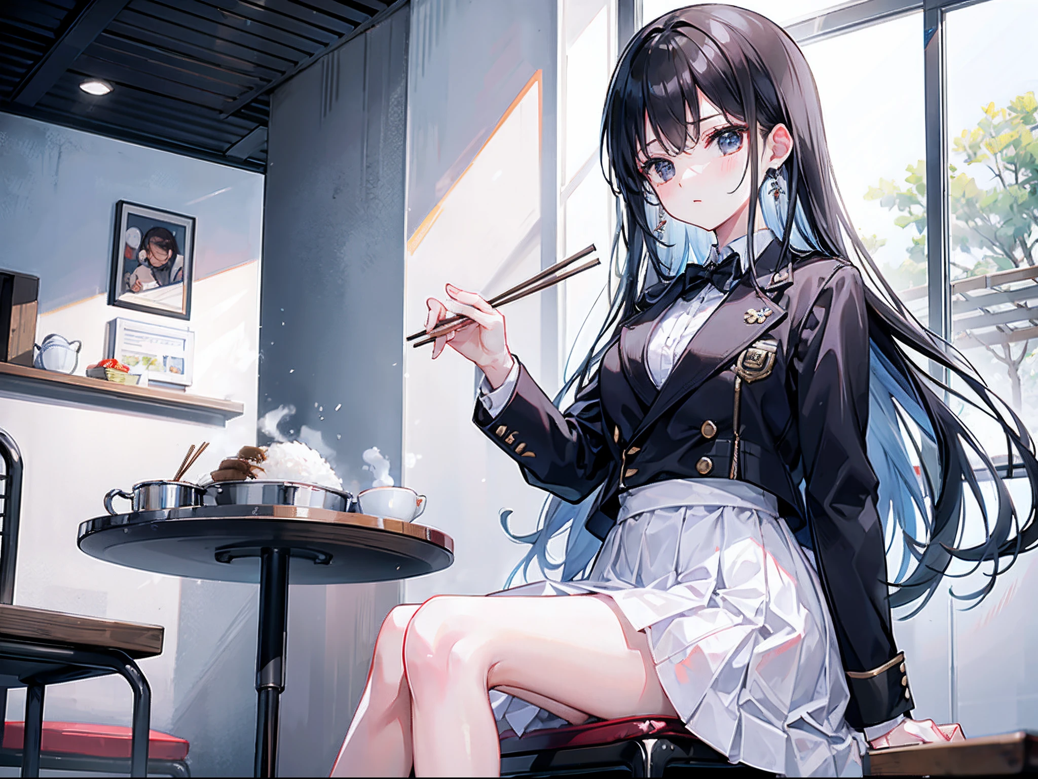 Cafeteria,Kizi,white skirt,black black jacket,Chopsticks in his right hand,cooked rice