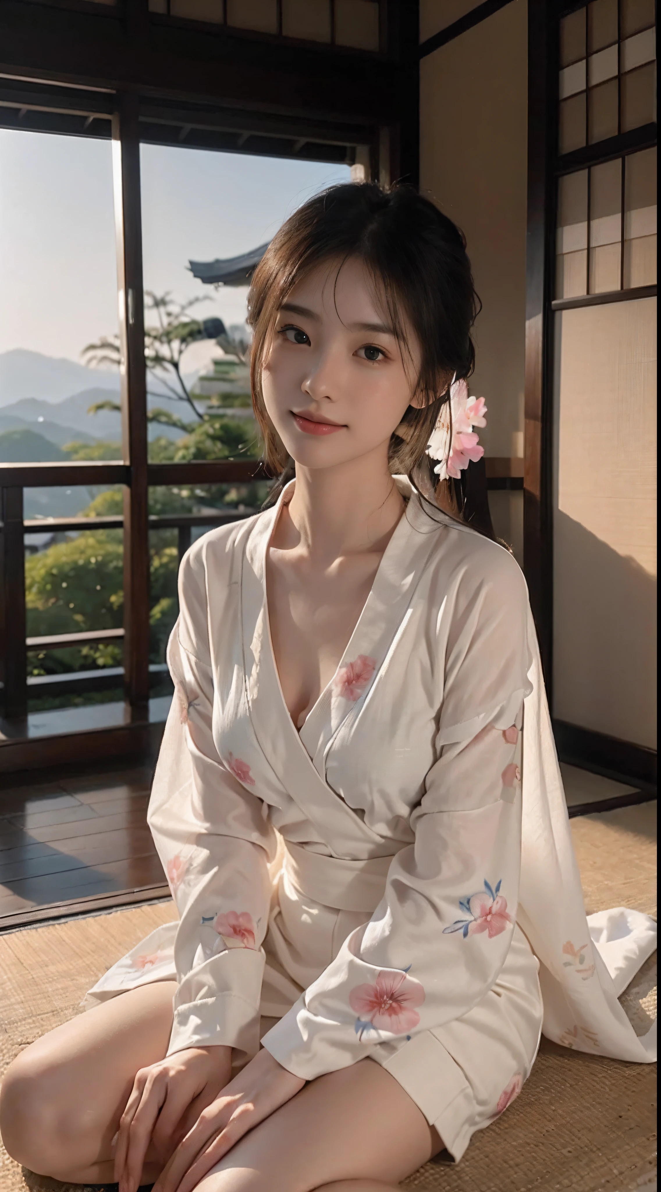 (Photorealsitic:1.4), (Top image quality:1.0), (超A high resolution:1.0), 8K, Raw photography, (​masterpiece:0.2), (pureerosface_v1:0.5)、(Best Quality Detail:1.2)、realisitic、hight resolution、(1girl in:1.2)、The ultra-detailliert、High quality textures、intricate detailes、detaileds、Very detailed CG、High quality shadows、Detail Beautiful delicate face、Detail Beautiful delicate eyes、depth of fields、Ray traching,1girl in, japanaese girl, Cute, slender, White kimono, Kimono with Japanese pattern,Floral scrunchie, Beautiful skin, Facing the front,Sit down, Sit upright and say thank you,Align your hands elegantly,Smile faintly The Land of Japan,Japanese garden,Luxury Japanese-style room, skyporn, Magic Hour, (Realistic:1.3), Finely detailed, quality, (masutepiece:1.2), (Photorealistic:1.2), (Best Quality), (Intricate details), Dramatic, Ray tracing, photograph, +Lola,The fourth photo exposes the chest