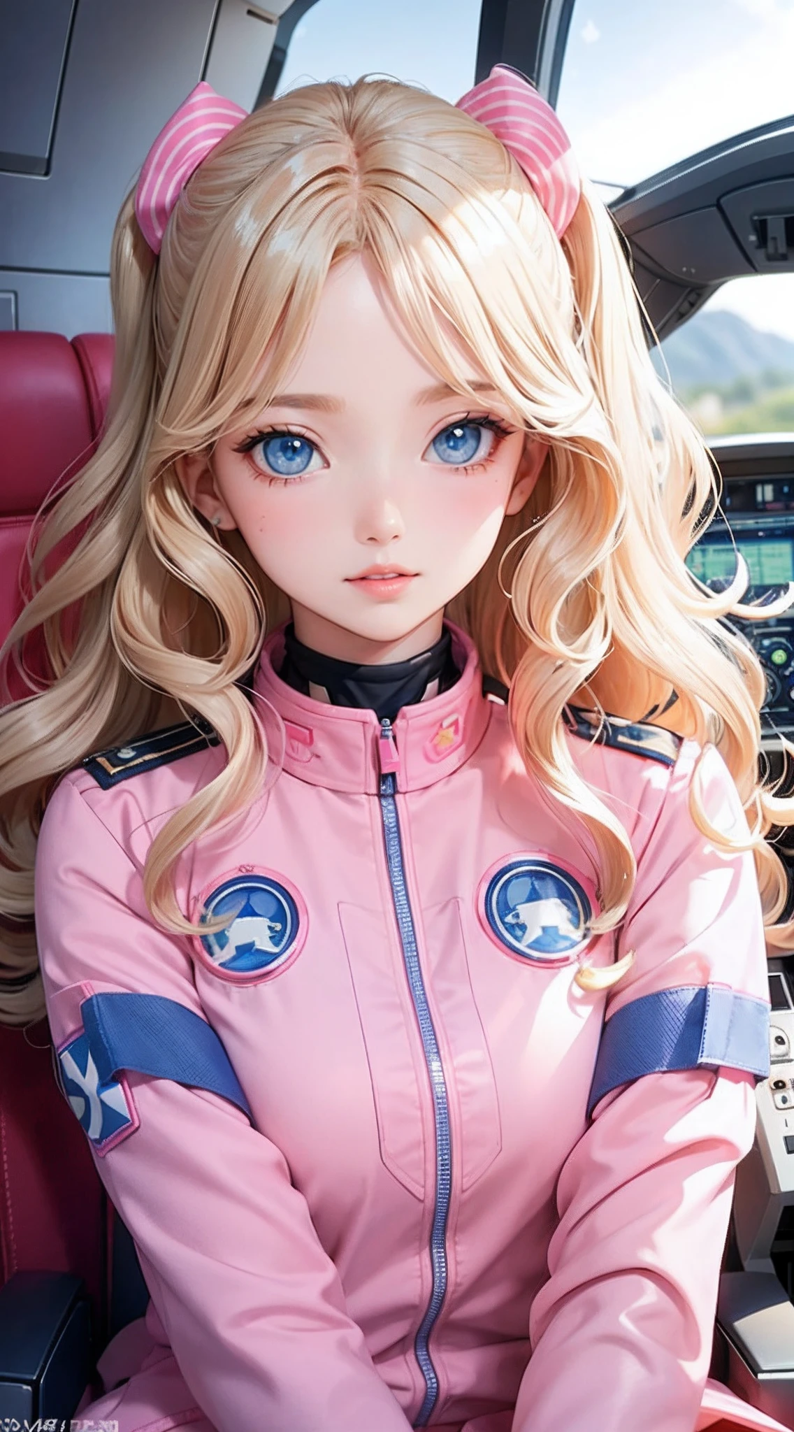 best quality, beautiful woman, wavy blonde hair, blue eyes, barbiecore, intricate pink pilot uniform, airplane cockpit interior, wavy hair, beautiful face, perfect face, big gorgeous eyes, soft smile, parted lips, perfect slim fit body, bright colors, soft tones