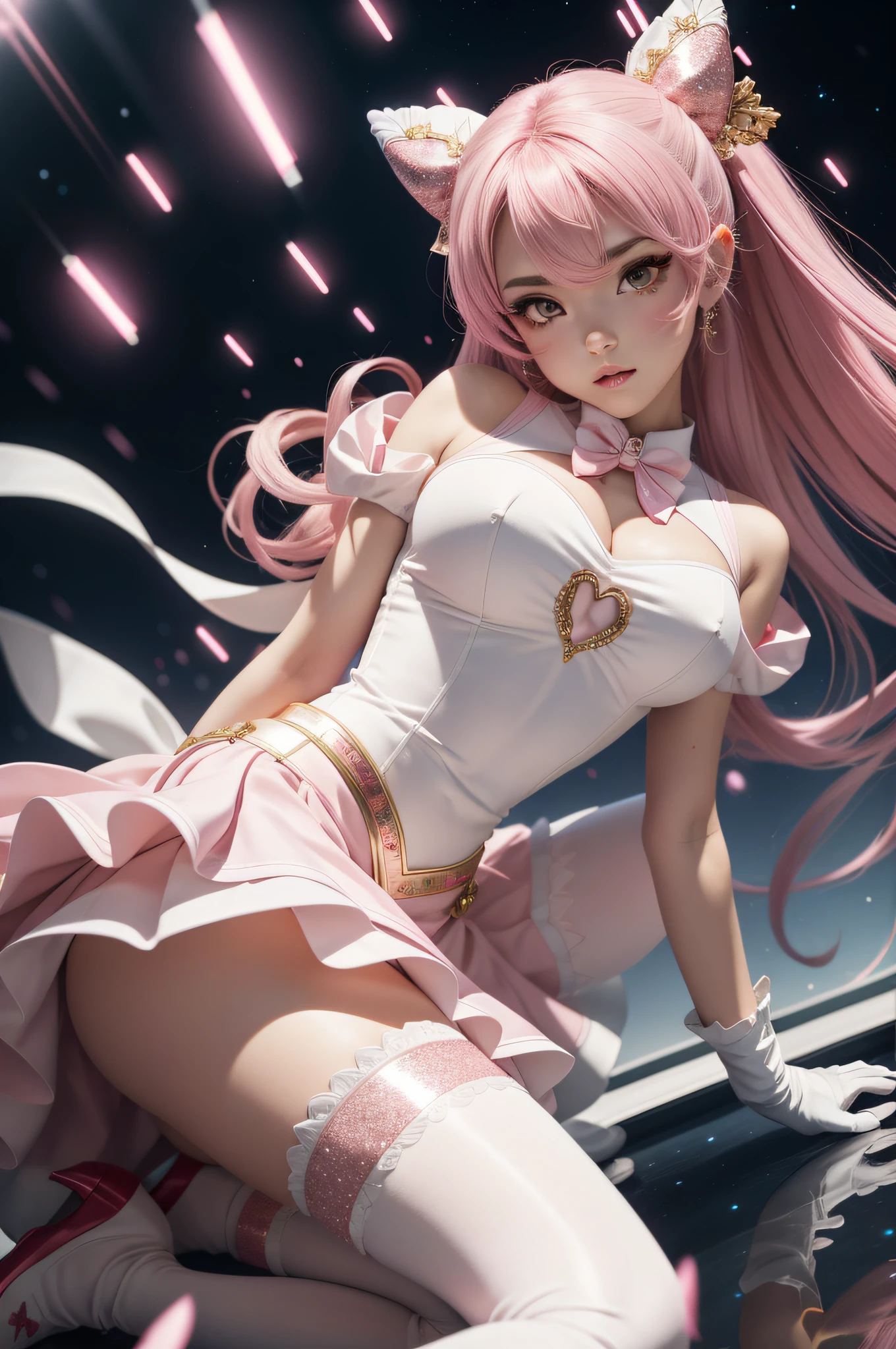 Arti modern anime. angled view, face closeup action portrait beautiful "Chibiusa", leaning forward, slim body, highly ornamented and detailed "pink glitter skirt", "white top" "white gloves", "red chest bow", angle, "pink knee high heel boots", knee high socks, depth of field blur effect, night, photorealistic. cinematic lighting, highly detailed. best quality, 4k, Better hand, perfect anatomy, coy cute flirty focused expression, reflection, flat chested, highly ornamented clothing, fight battle pose, surrounded by star dust sparkling around her, hearts