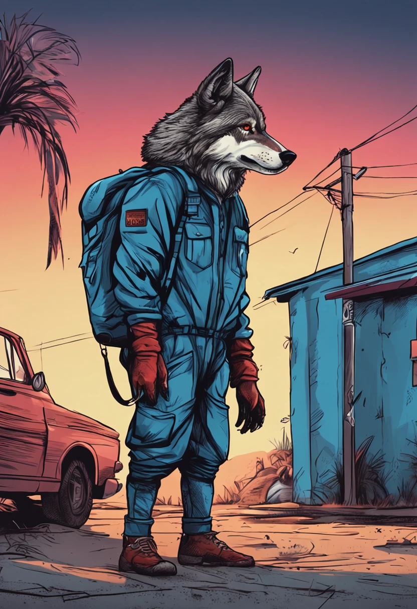 (ESTILO DESENHO) WOLF STANDING WEARING BLUE JUMPSUIT, FOFO