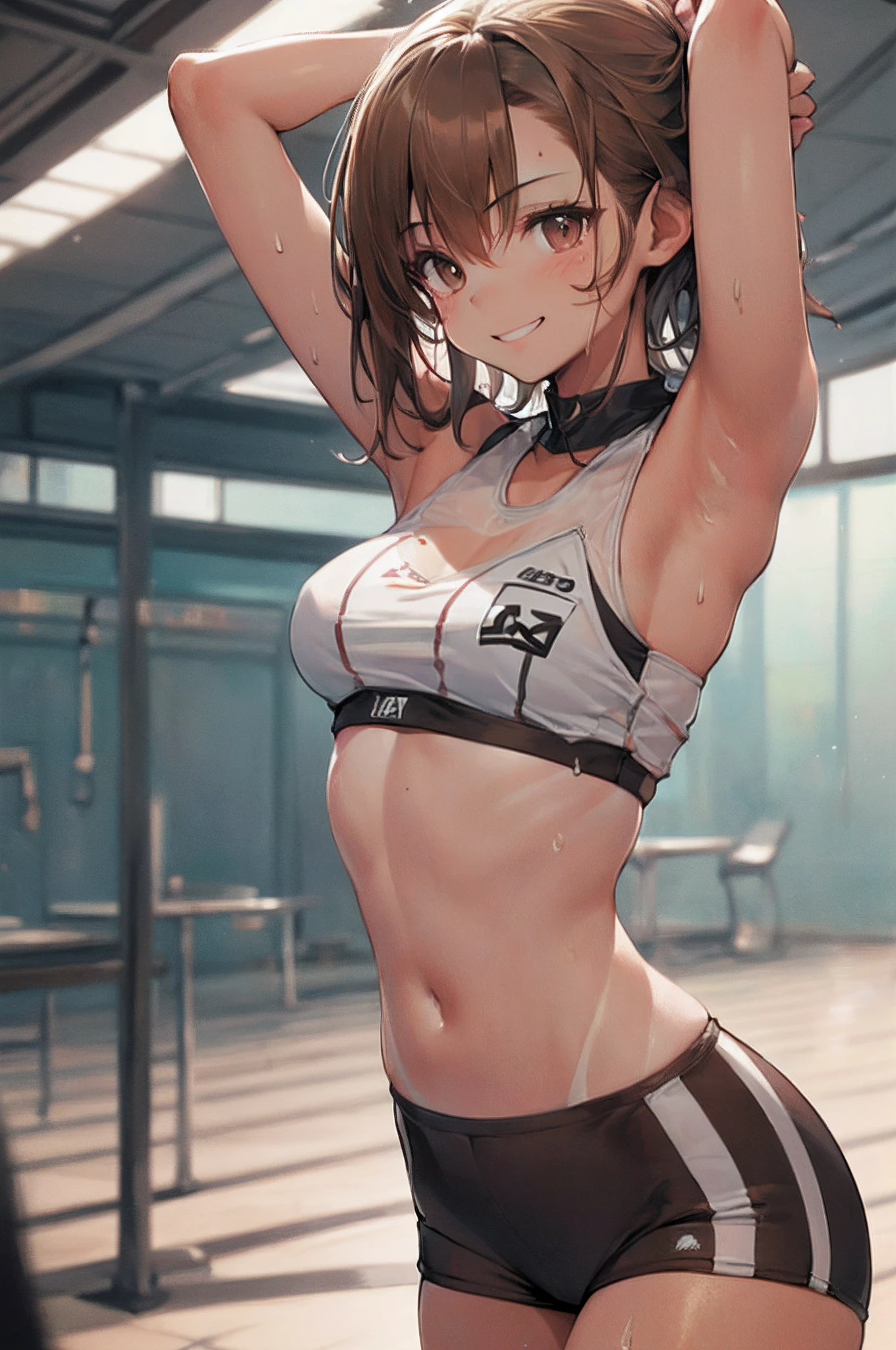 top-quality　Misaka Mikoto　Junior High School Bra　Beige shorts　　　　Cool look　　small tits　　１６age　　in the room　sexypose　Miwaki　Armpit sweat　sodden　　Ecstasy face((masutepiece)), (1 girl:2.0), (extra detailed face, Smiling), Short haircut, Brown hair, Petite, (Thin Build), (a japanese girl), ((Athletics Club Member, Long-distance runner)), Slightly round face, (Tanned brown face:1.6), Cute, Big eyes