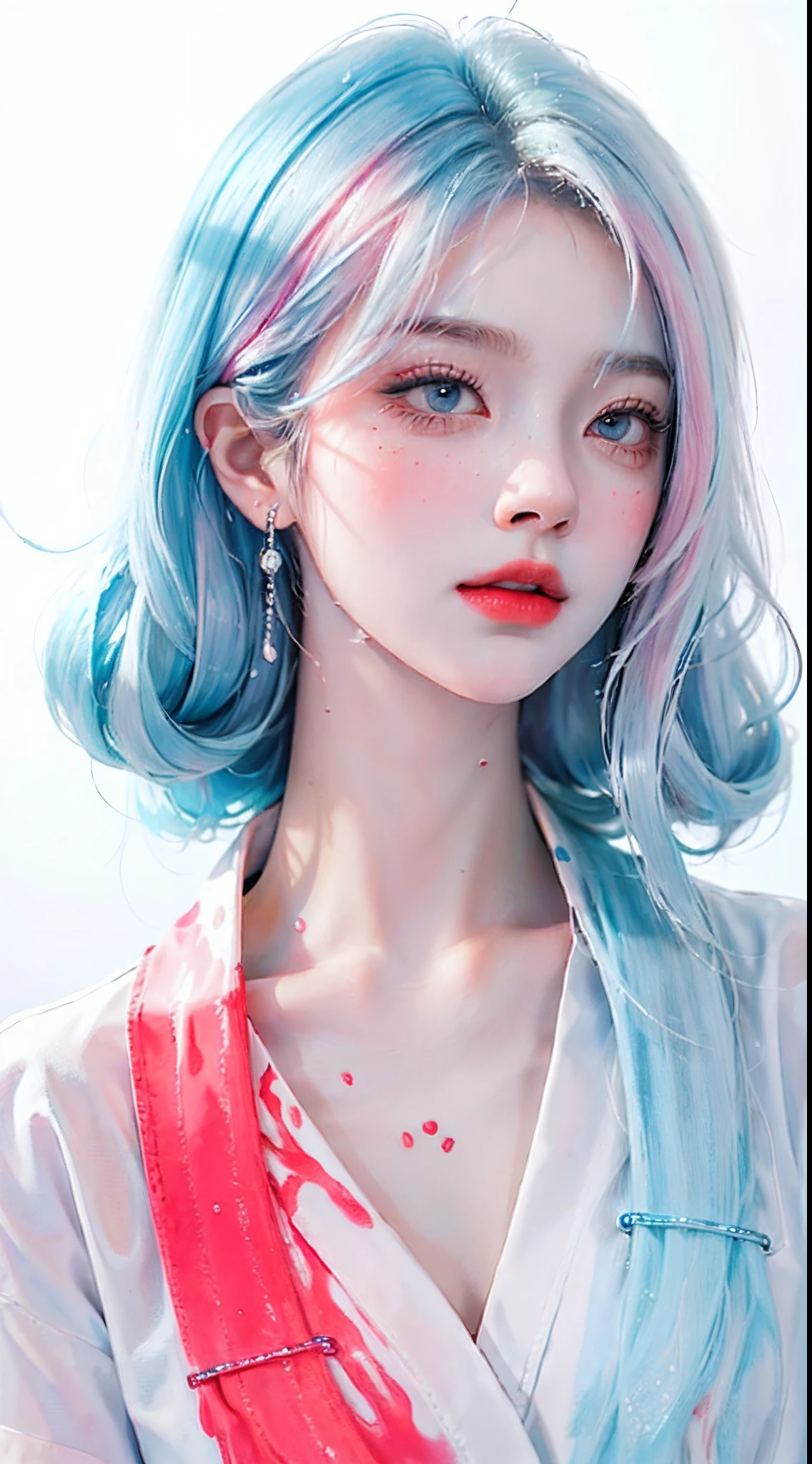 (Masterpiece, Best Quality, High Resolution), White Background, Acrylic Paint, ((Color Splash, Splash of Ink, Color Splash)), Sweet Chinese Girl, Long Light Blue Hair, [Light Blue|Pink] Hair, Curly Hair, Glitter, Peach Lips, White Shirt, Front, Upper Body