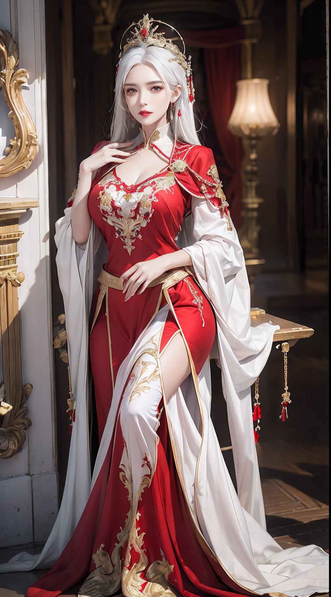 unparalleled masterpiece, ultra realistic 8k CG, perfect artwork, ((perfect female figure)), white hair, red eyes, narrow waist, chinese deity, looking at viewer, seductive posture, sexy pose, alluring, clean, beautiful face, pure face, pale skin, absurdly long hair, (big breasts), divine goddess, shiny skin, skindentation, lace, lace trim, lace-trimmed legwear, delicate pattern, intricate detail, (rich:1.4), (prestige, gorgeous, luxury, royal palace, jewelry, gem, gold, silver, diamond, glint), sapphire, ruby, emerald, pearl, amber, blue cloths, red cloths, 1girl, solo
