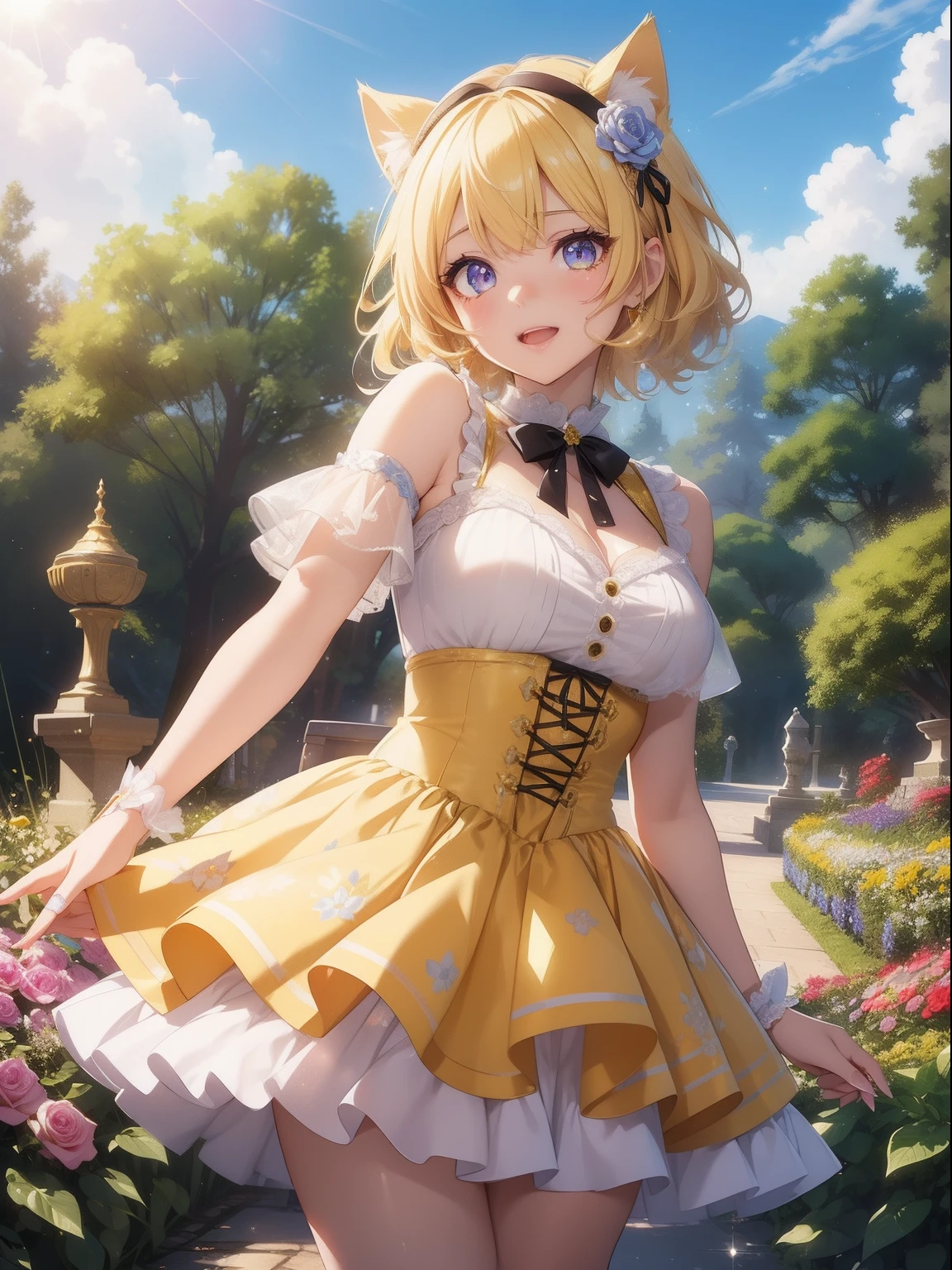 masutepiece, High resolution, 8K, anime woman, Delicate and detailed writing 、Detailed digital illustration、Short hair、perm、Shiny hair、Bangs、a very beautiful woman、Eyes are double, Large, Bust is D cup、High image quality, High quality、Detailed background、(((Wearing idol clothes)))、((Under a very sunny sky、Background of the flower garden))、The inside of the eye shines like a diamond、Light yellow hair、Gradient pupil、(((2 arms、4 fingers, 1 thumb)))、Detailed female face、Very beautiful and cute woman、、细致背景、​masterpiece、Soft Focus , Bright gradient watercolor , Lens Flare , (((Glitter))) , Glow , Dreamy , Gingham check miniskirt、Idol、Yellow Ribbon、Very beautiful yellow rose hair accessories、Yellow and gold costume with white as the main color、((subjective))、Glitter Cat Ear Headband、Opens mouth and laughs、Dynamic Poses