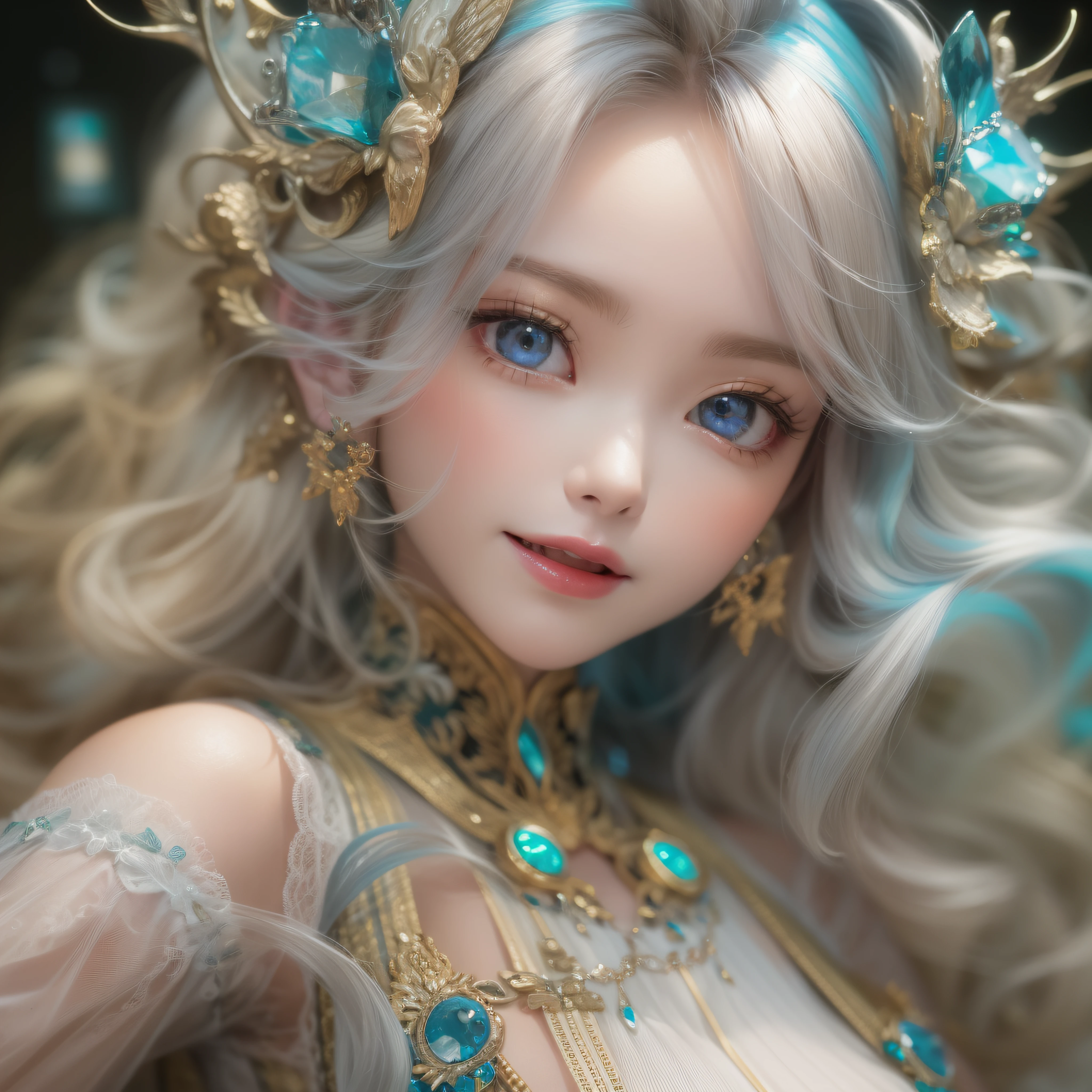 Close up of a smile with the corners of the mouth raised、Smiling Barbie doll、 Facing the front、(masterpiece、realisitic、hight resolution)、(1 girl in):1.2)、Do-Up Eye、Korean Girl、(Best Quality), (masutepiece), (1girl in), Solo, Beautiful Girl, Perfect face, Big Breast,dreamlikeart、Highly detailed airbrush art(((Surreal))、intricate detailes、Volumetric lighting、(masterpiece:1.2)、(top-quality)、The ultra-detailliert、(The composition of the movement:1.4)、Highly detailed colorful details、(Bright lighting、Atmospheric lighting)、Magical、dynamic compositions、Ray traching、The mirror reflects light、Shallow depth of field、ultra-detailliert、mixing exposure、nffsw、Super masterpiece、Her eyes are glowing red、