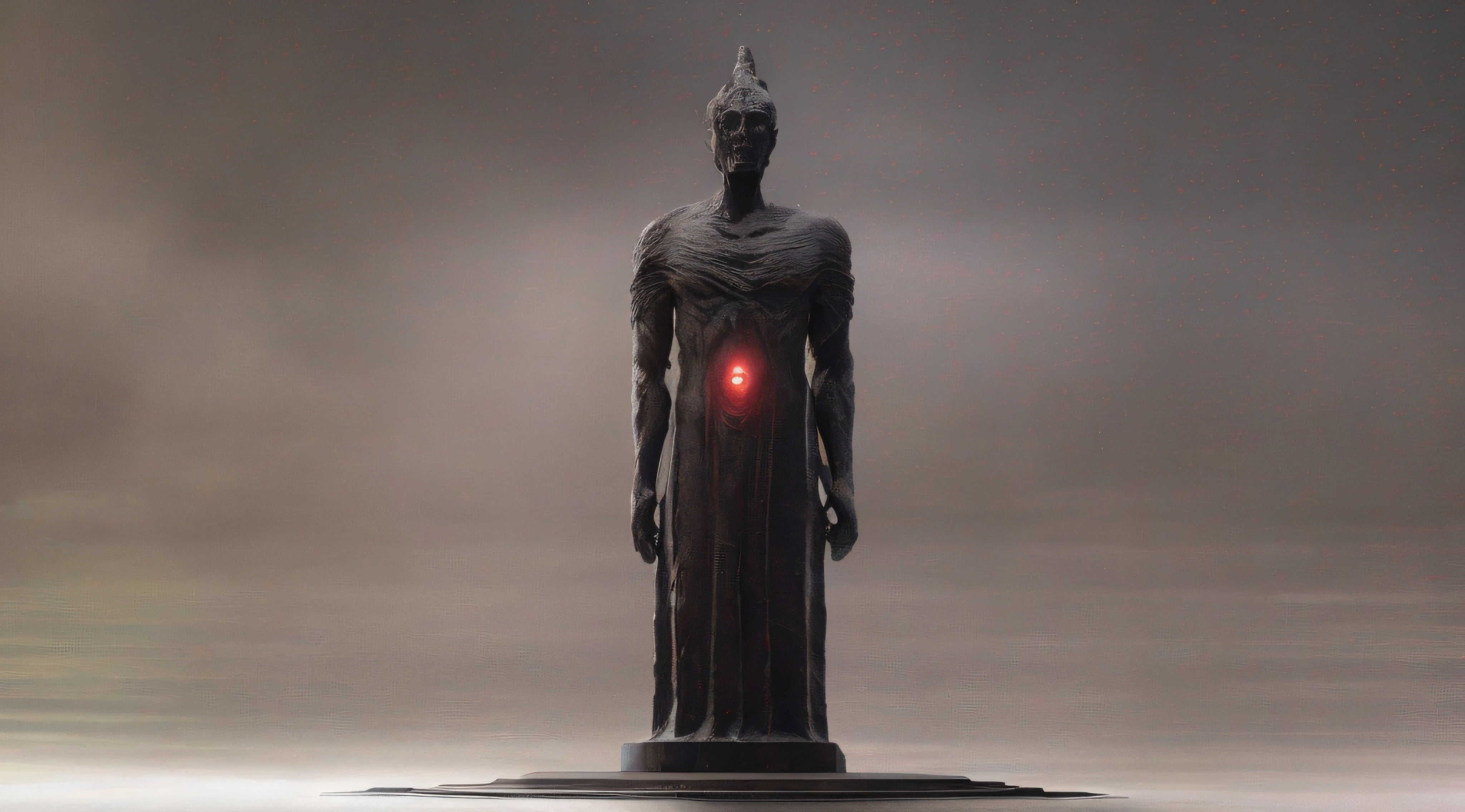 There is a statue of a man with a red light in his hand, conceito de alma escura, Escultura de Moloch, Described as a 3D rendering, black rock statue material, Dagoth seu, Ozymandias, monolith, O Senhor das Trevas Sauron, arte conceitual dark soul, ancient mystic time lord, Scary black figure standing, stone statue