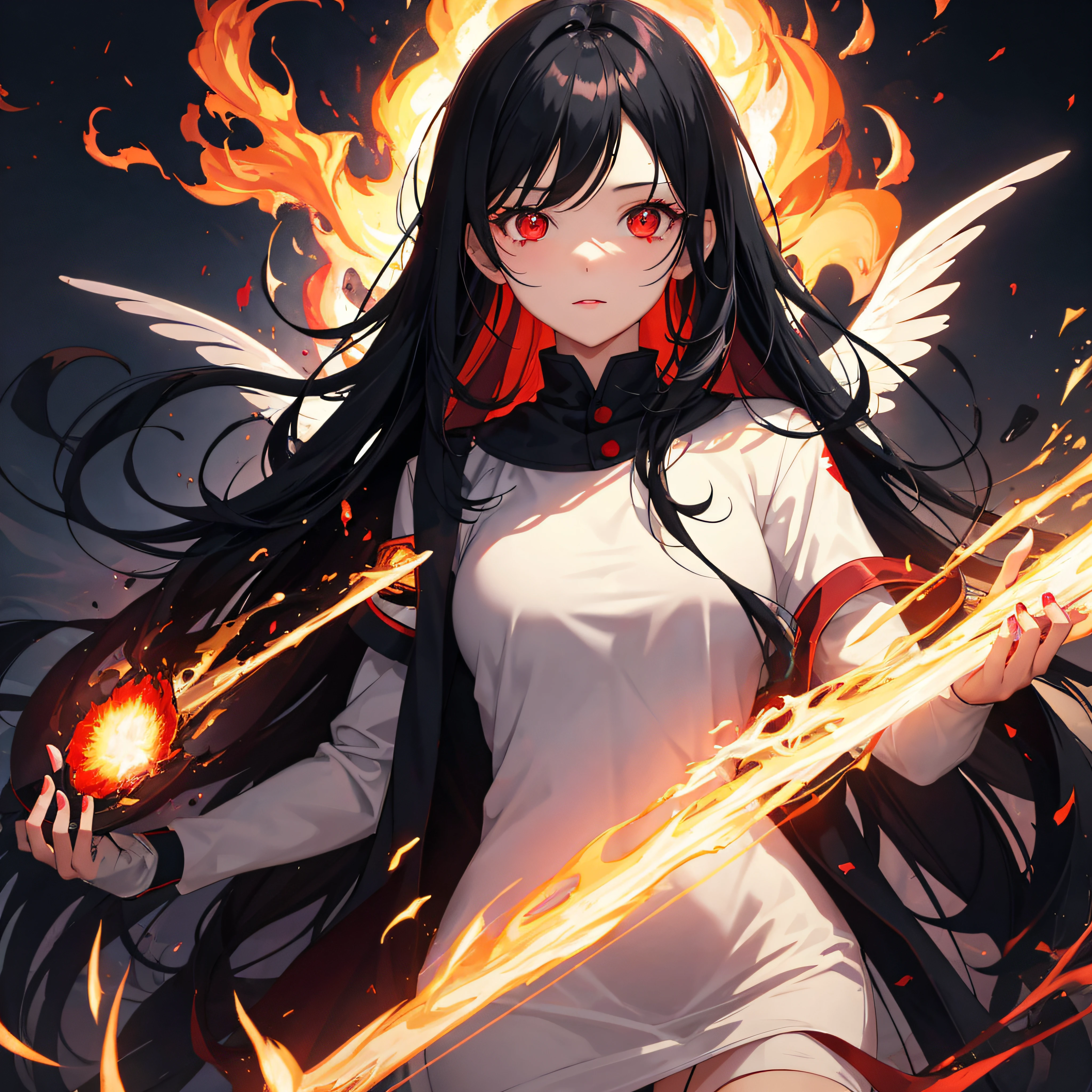 1girl, black hair, red eyes, fire witch, blood, light particles, light rays, wallpaper, high contrast, colorful, masterpiece, eye catching.