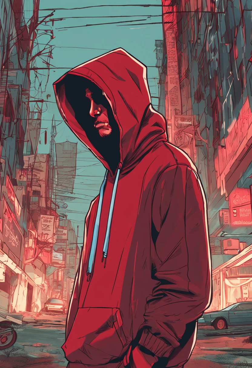 A close-up of a man in a hoodie, an album cover inspired by Yu Zhiding, Tumblr, fine art, trending on r/Street attire, wearing a fisher 🧥, wearing a red hoodie, wearing an oversized hoodie, wearing a scarlet hoodie, with no face, Red hoodie, wearing hoodie, very very low quality picture, hat and hoodie