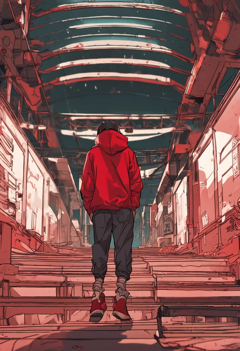 A close-up of a man in a hoodie, an album cover inspired by Yu Zhiding, Tumblr, fine art, trending on r/Street attire, wearing a fisher 🧥, wearing a red hoodie, wearing an oversized hoodie, wearing a scarlet hoodie, with no face, Red hoodie, wearing hoodie, very very low quality picture, hat and hoodie