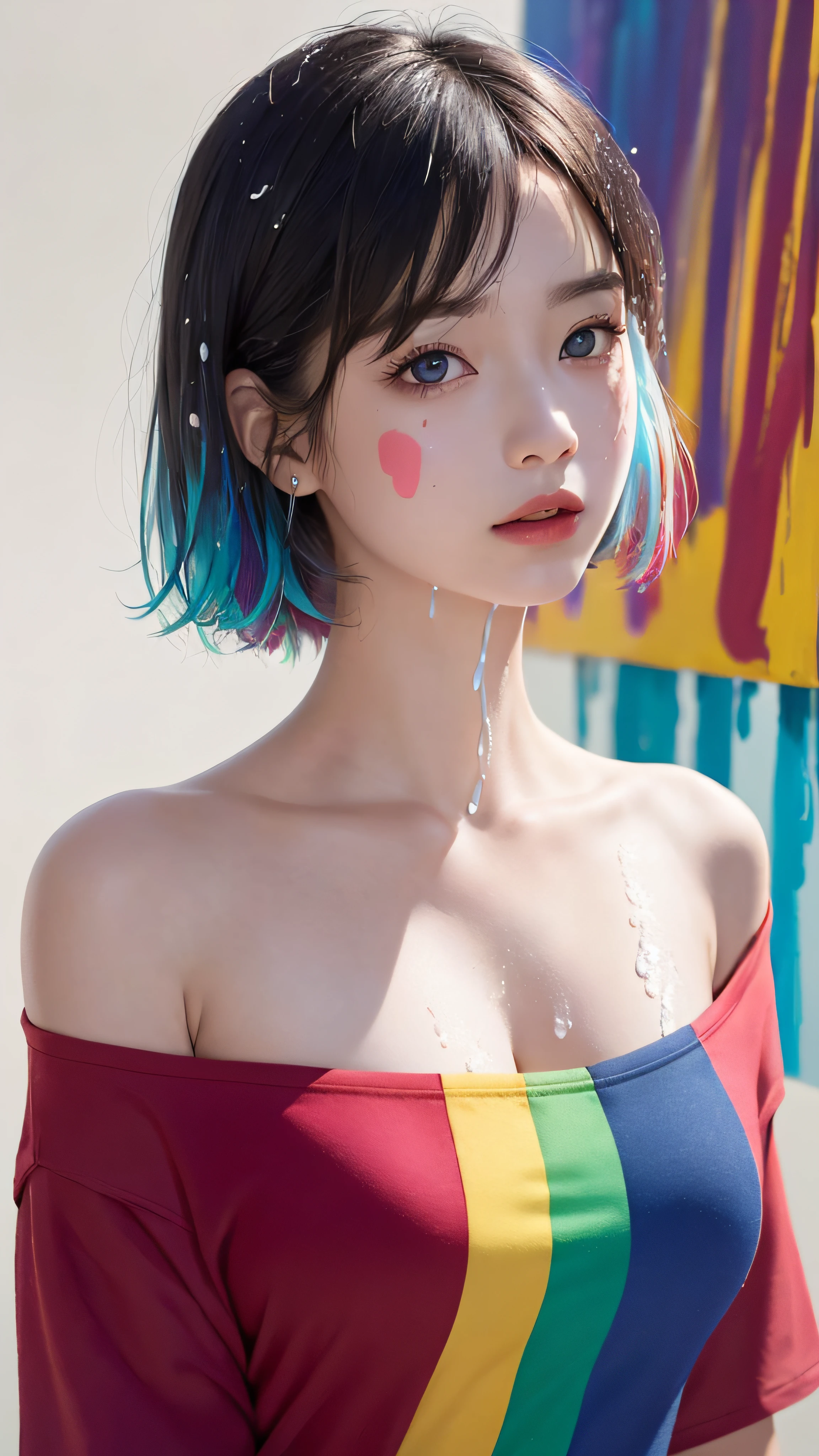 (16 K, Raw photo, Best Quality, hight resolution, absurderes), high-definition RAW color photography, professional photograpy, Papercut, (layered silhouettes:1.2), Complex pattern, delicate craftsmanship, shadow play, depth and dimension, Creative expression, (Realistic, Photorealsitic:1.37), (1 girl, japanaese girl), Toned, Cinematic Light, bloom, blazing, (finerly detailed face:1.2), (masterpiece:1.5), ((Best Quality, 8K, masterpiece: 1.3)), sharp: 1.2, Perfect Body Beauty: 1.4, Slender Abs: 1.2, ((Layered hairstyle, huge-breasted: 1.2)),
BREAK
(((Colorful Fashion rainbow T-shirt:1.9),(Colorful hair: 1.8), (all the colors of the rainbow: 1.8))), (((((vertical painting:1.6))),(painting:1.6),front, illustrations, paintings, large eyes, crystal clear eyes,(rainbow color gradient high ponytail:1.7), exquisite makeup, closed mouth,(Small Fresh: 1.5),(Wipe Chest: 1.6) ,long eyelashes, white off shoulder T-shirt, White Shoulder Shirt,looking at the audience, large watery eyes, (rainbow colored hair:1.6), color splash, (solo:1.8), color splash, color explosion, thick paint style, messy lines, ((shining)),(colorful), (colorful), (colorful), colorful, Thick Paint Style, (Splash) (Color Splash), Vertical Painting, Upper Body, Paint Splash, Acrylic Pigment, Gradient, Paint, Highest Image Quality, Highest Quality, Masterpiece, Solo, Depth of Field, Face Paint, colorful clothes, (Elegant: 1.2), gorgeous,long hair, wind, (Elegant: 1.3), (Petals: 1.4),(((masterpiece))),(((best quality))),((ultra-detailed)),(illustration),(dynamic angle),((floating)),(paint),((disheveled hair)),(solo),(1girl) , (((detailed anima face))),((beautiful detailed face)),collar,bare shoulders,white hair, ((colorful hair)),((streaked hair)),beautiful detailed eyes,(Gradient color eyes),(((colorful eyes))),(((colorful background))),(((high saturation))),(((surrounded by colorful splashes)))
BREAK
Use a Sony Alpha 1 Mirrorless Camera with a Sony FE 24-105mm f/4 G OSS lens.