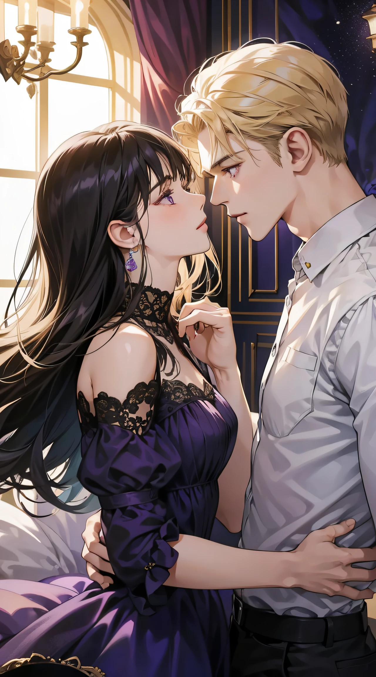 Couple, 1 girl 1 boy, different hair color, long black hair and purple eyes, short blonde hair and green eyes, romance, light suite, purple dress, UK, luxury room background, face to face, romantic