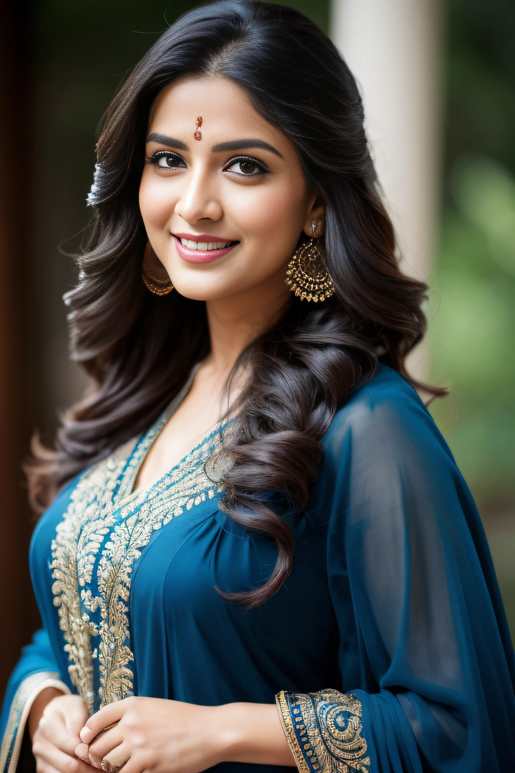 Portrait of A confident-looking indian woman with long flowing hair, hazel eyes, with flowing capes and saree, smiling, perfect composition, hyperrealistic, super detailed, 8k, high quality, trending art, trending on artstation, sharp focus, outdoor kerala photo, intricate details, highly detailed, art by greg rutkowski