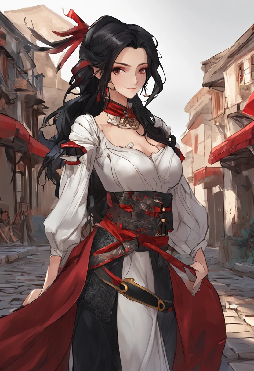 (Dynamic angle:1.4), ((Full body posing:1.5), (colorful:1.2), (extremely detailed CG unity 16k wallpaper:1.1), (Denoising strength: 1.45), (tmasterpiece:1.37), ((official art)), top quality, Master painting, long black hair, blue eyes, mysterious smile, white French shirt, red belt, black knight pants, black boots, red ribbon, red gemstone eardrop, European medieval style, 20-year-old girl, mystic, background of ancient European streets at night, (masterpiece), (masterpiece), HD
