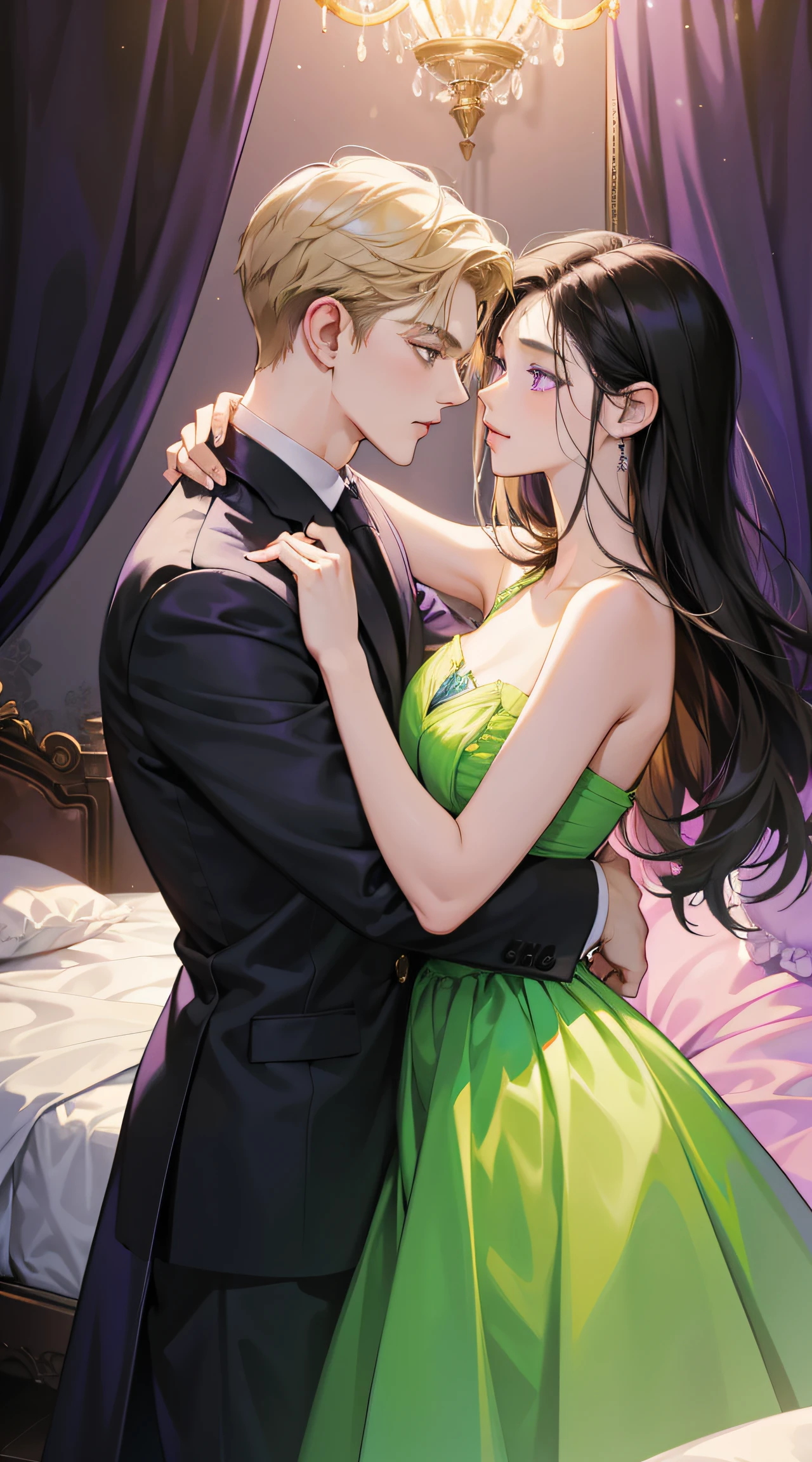 Couple, 1 girl 1 boy, different hair color, long black hair and purple eyes, short blonde hair and green eyes, romance, light suite, purple dress, UK, luxury room background, face to face, romantic
