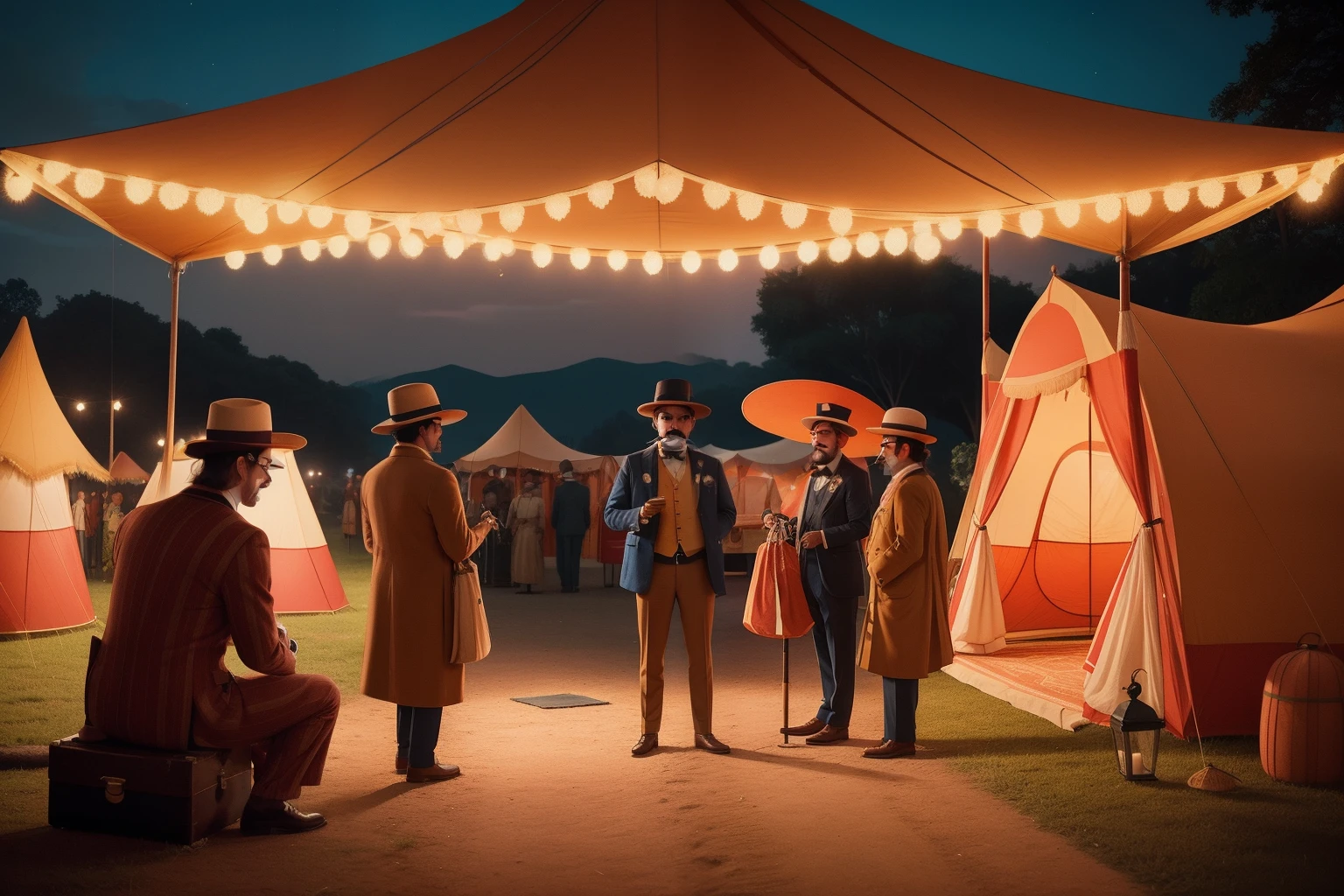 Amidst a Wes Anderson carnival at dusk, a ticket seller with a bowler hat and handlebar mustache ushers visitors with vibrant hairstyles into a mysterious tent, where an otherworldly performance unfolds.