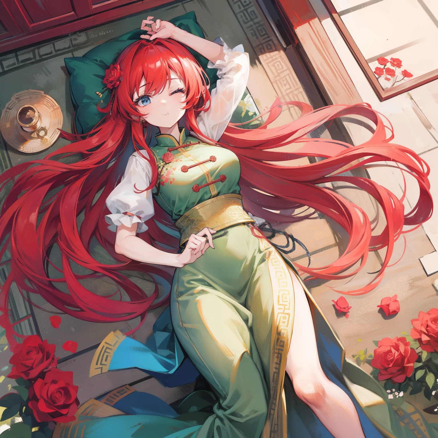 masutepiece, Fine detail, 4K, 8K, 12K, Solo, One Person, Beautiful Girl, caucasian female, Hong Meilin of the Eastern Project, Red hair, Long hair, chinese clothes, Sleeping, Eyes closed, Standing,Green costume、Green china clothes、Green cheongsam、 Green Ceramic Dress、Simon, Western-style room , Rose flower, Red Rose, Fluttering petals