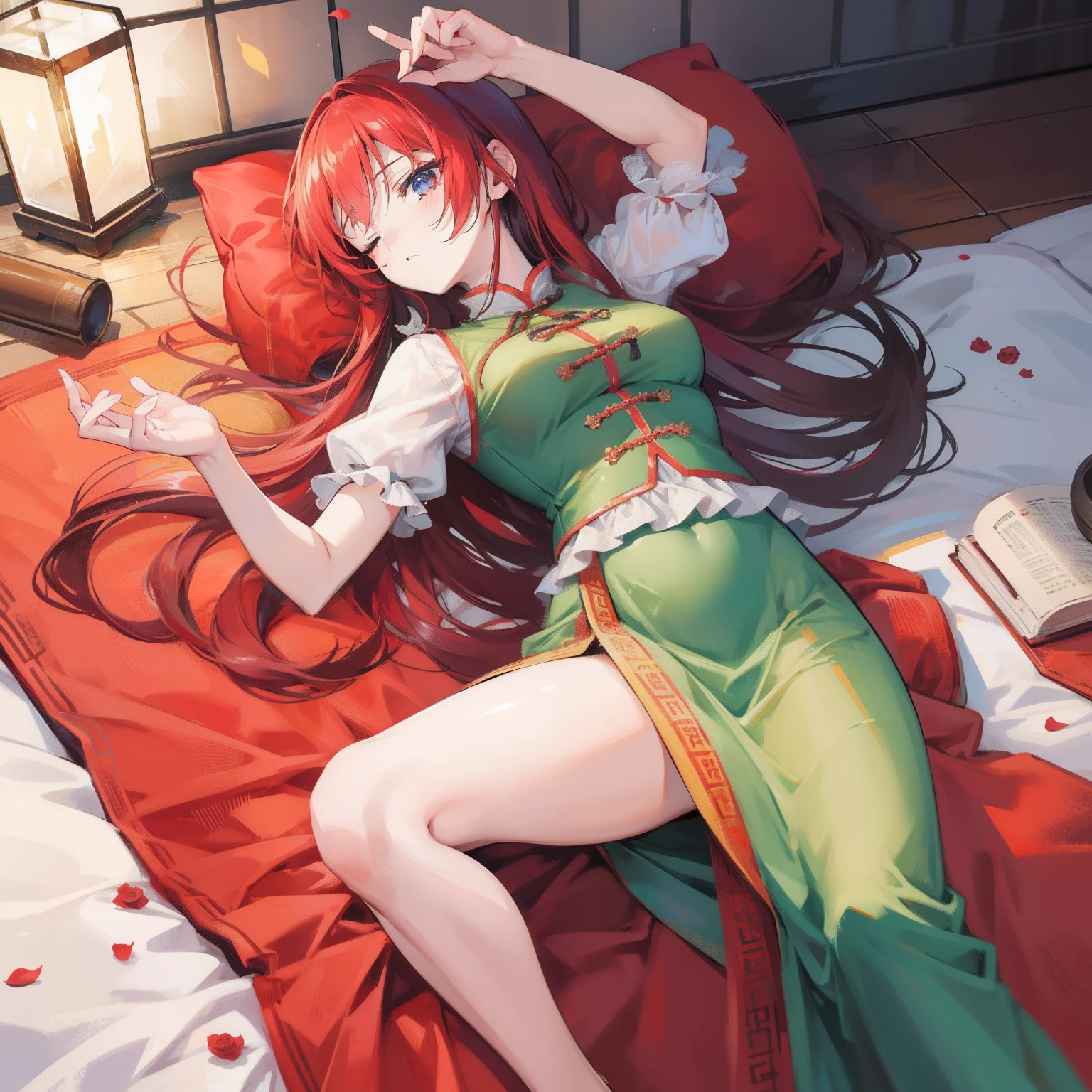 tmasterpiece,HighestQuali,Anime girl lying on the floor in witch costume,Red long-haired,Yellow eyes,White witch costume,，arms out, rias gremory, Ayaka Genshin impact, anime visual of a cute girl, ayaka game genshin impact, Marin Kitagawa fanart, cute anime waifu in a nice dress, Smooth anime CG art, sakura petals around her, azur lane style