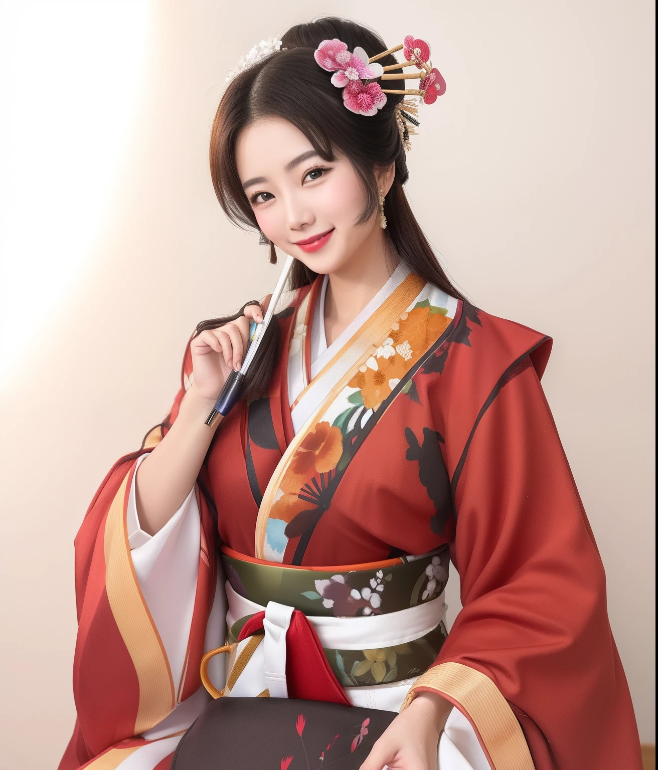 Smiling woman holding brush in kimono dress