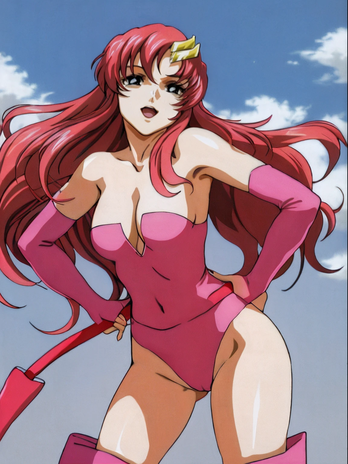 (masterpiece, 4K, Best Quality, Anime style: 1.9, bold drawing lines, High color saturation, Detailed face, tall, Adult Woman, lovely, (cloud background), Drawing lines, high resolution, Anime, lacus4), 1girl in, Solo, curvy figure, Long hair, 鎖骨, scapular, Wavy Hair, Detailed wide hair bangs, Hair Ornament, Detailed reddish-pink hair, cleavage, large hands, Big blue eyes, closed mouth, (cute Smile), ((closed fists)), (laughing, open mouth), ((medium breasts)), ((pink strapless wrestling leotard only), (wrestling long boots), bare thighs, groin lines, strong arms, biceps, rib lines, ((lean forward)), legs, standing, (hands on hips), happy, bare shoulders, (navel), pink elbow pads, belt