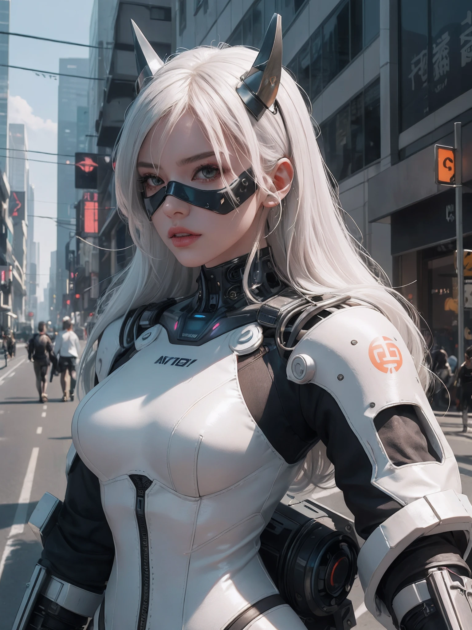 1girl, a beautiful girl cyborg cyberpunk with a cyberpunk scape tall buildings, white hair, cyber mask, cyber horn, white and orange and black machine suit color combination, the body full of machine, realistic futuristic hologram, asian skin tone, beautiful eye, beautiful asian face, cyber ear machine, suits is solid mecha, realistic machine, sci fi scape, manipulation is a masterpiece, long hair, masterpiece, suit of cyberpunk, realistic sci fi building texture mecha aestethic, digital cyberpunk, looming over a city, cyber technology, realistic hair, lots of hair, white of hair, realistic metal solid texture of building, realistic neon glow, realistic neon sign, wonderful side lighting, realistic futuristic cyberpunk building, realistic girl robot cyberpunk, fog, foogy, masterpiece of detail, RAW IMAGE, depth of field, point of interes, depth of field is masterpiece, best photography composition masterpiece, natural realistic hair, rule of third masterpiece photography, natural lighting, photography masterpiece natural lighting from side, realistic skin texture, strong reflection, ( pose pinterest) masterpiece beautiful, Devil Horns, smooth pixel, ray of light, soft light, small breasts, mastepiece of cyber mask, masterpiece fantasy gun, carry a fantasy weapon, weapon fantasy (artstation)