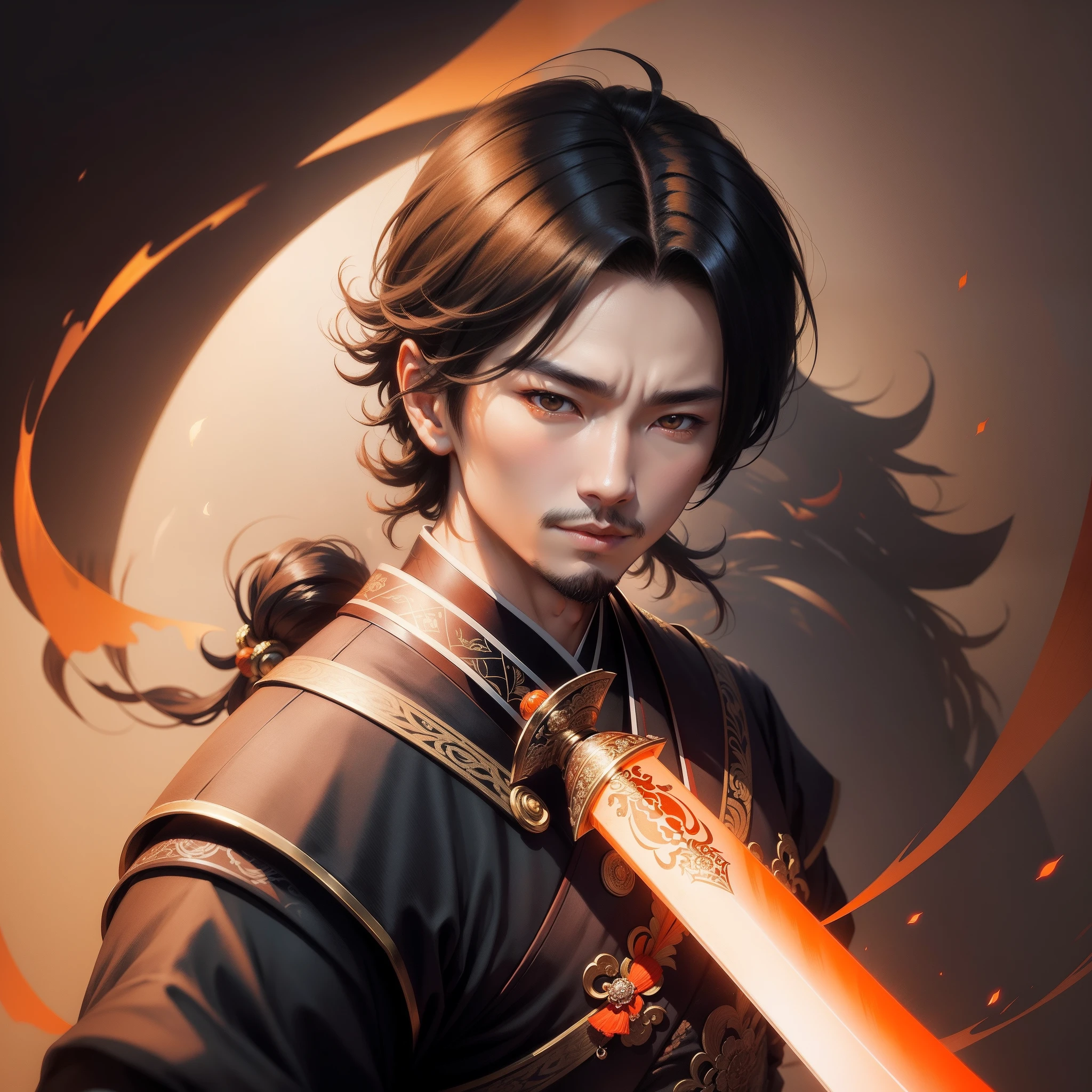 tmasterpiece，High Picture Quality，Genshin style，Kamisato Linghua drew his sword，Orange light and shadow，Delicate painting style，head portrait