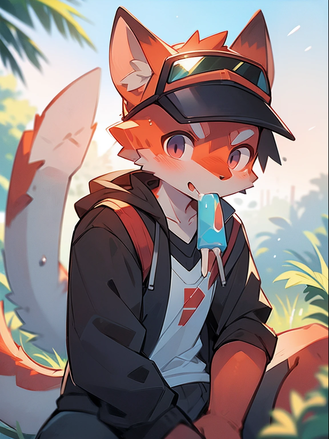 author：Jrjresq, author：Kirito, mammal, Furry, Male, Solo, wears, visor, Lick popsicles, Summer,Hazy light and shadow, Reflective skin,Reddish skin，Outdoor sunset，((the detail))，（depth of fields）