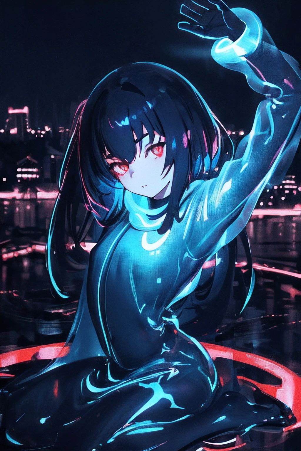 photo, high quality, (close-up shot of 1girl), to8contrast style,mechanical arms, cyborg, slime colored skin, liquid slime skin, arms up, face mask, slime girl, red eyes,(((alone in the darkness, night tokyo background, unlit, hard shadows, deep contrast))), pantyhose, blue lights, modelshoot style, small breasts,(extremely detailed CG unity 8k wallpaper), full body,  most beautiful artwork in the world, trending on ArtStation, trending on CGSociety, Intricate, High Detail, Sharp focus, dramatic, night starry sky, photorealistic painting art by midjourney and ilya kuvshinov,