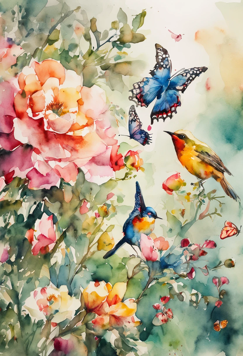 Watercolor painting of flower-filled garden,There are birds and butterflies. The main color is pink, rot, yellow and greens
