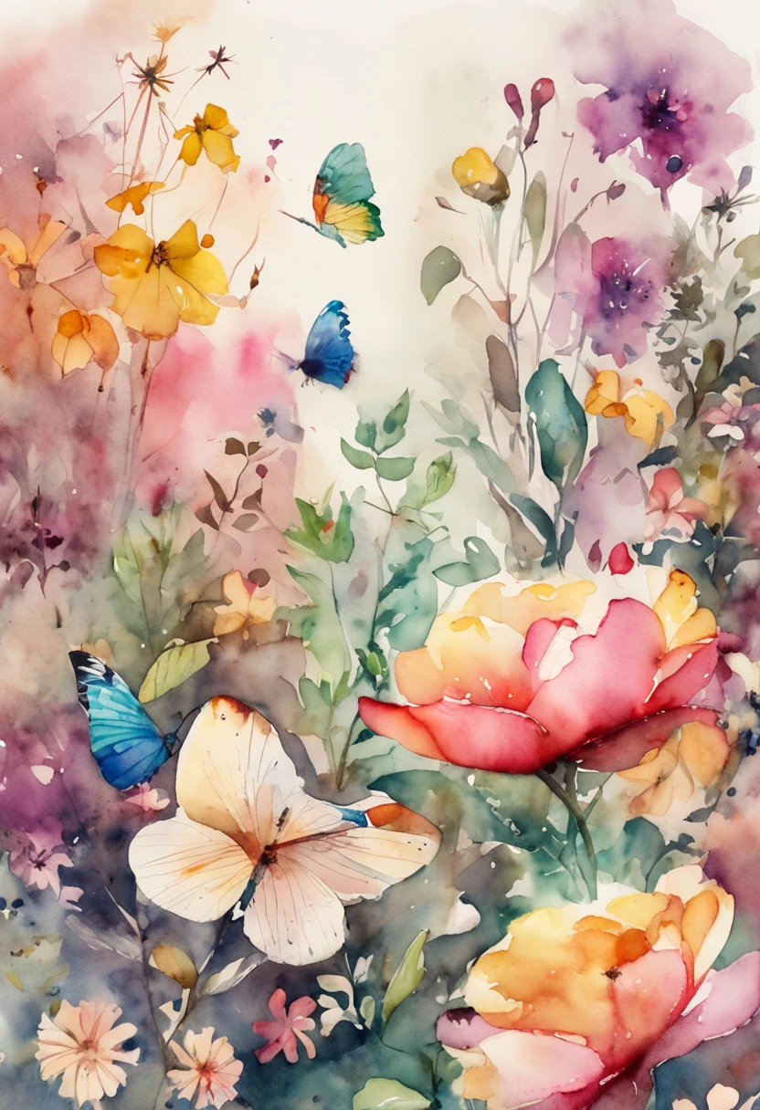Watercolor painting of flower-filled garden,There are birds and butterflies. The main color is pink, rot, yellow and greens