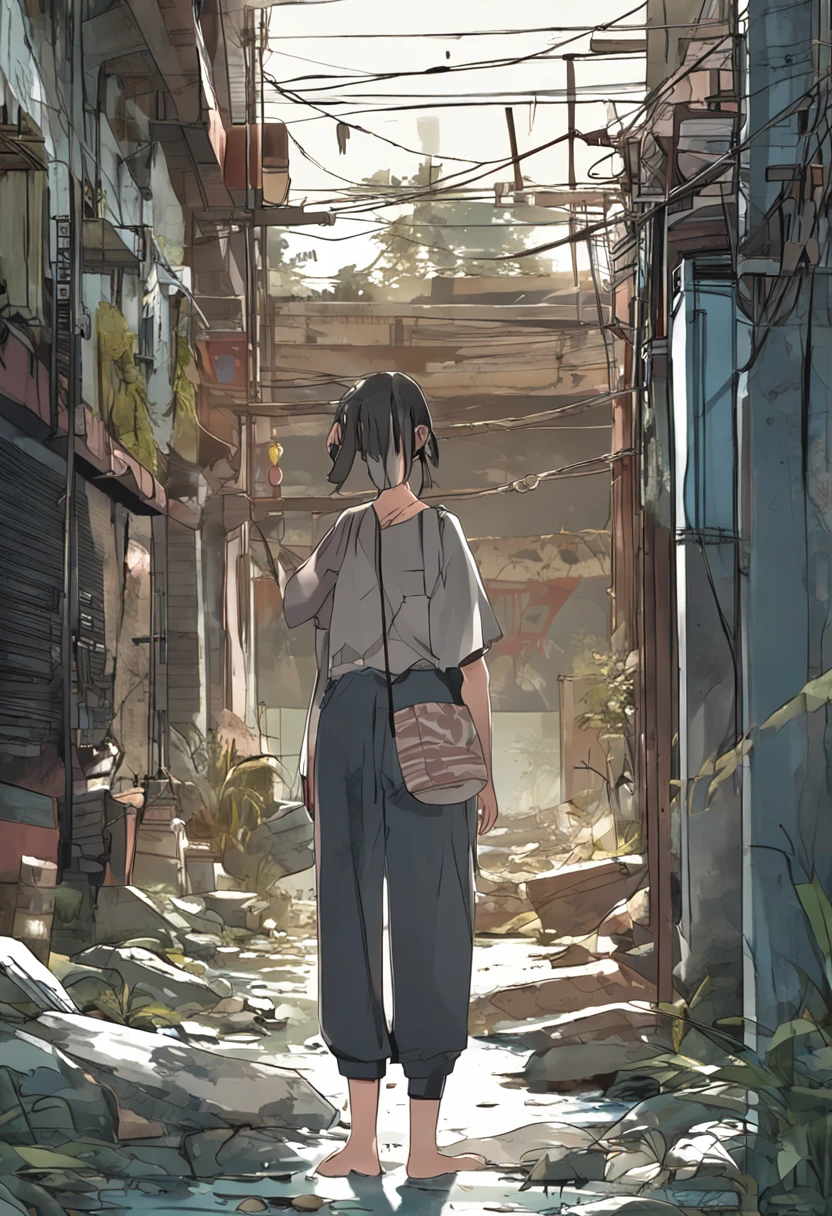 Description: In a old residential area, a young woman carrying food and water in plastic bags walks out from beside a reservoir. Her eyes show some anxiety as if she is searching for something. Suddenly, she realizes that Yu Hang hasn't responded to her call and feels a bit strange. She looks around but can't see Yu Hang's figure and only sees some neighbors busy. She furrows her brows and quickens her pace, seemingly searching for Yu Hang's whereabouts.