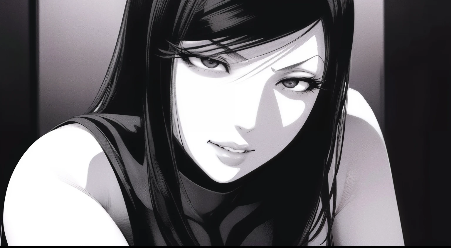 Onlygirl,1girl,gown,solo_female,((masterpiece,best quality, detailed)), , kurihara mari \(prison school\), Black gown,detailed lips,soft lips,UHD,facing front,smirk,head rest ,monochrome,evil smile,monochrome, black and white,closed mouth,fully clothed,potrait,1 girl,perfecteyes,mature_female,closed_mouth,art by Akira Hiramoto,Akira Hiramoto artstyle,long black_hair,black gown,sadistic expressions,based on prison school manga,based on Akira Hiramoto artstyle,big lips,detailed lips,black hair,head rest