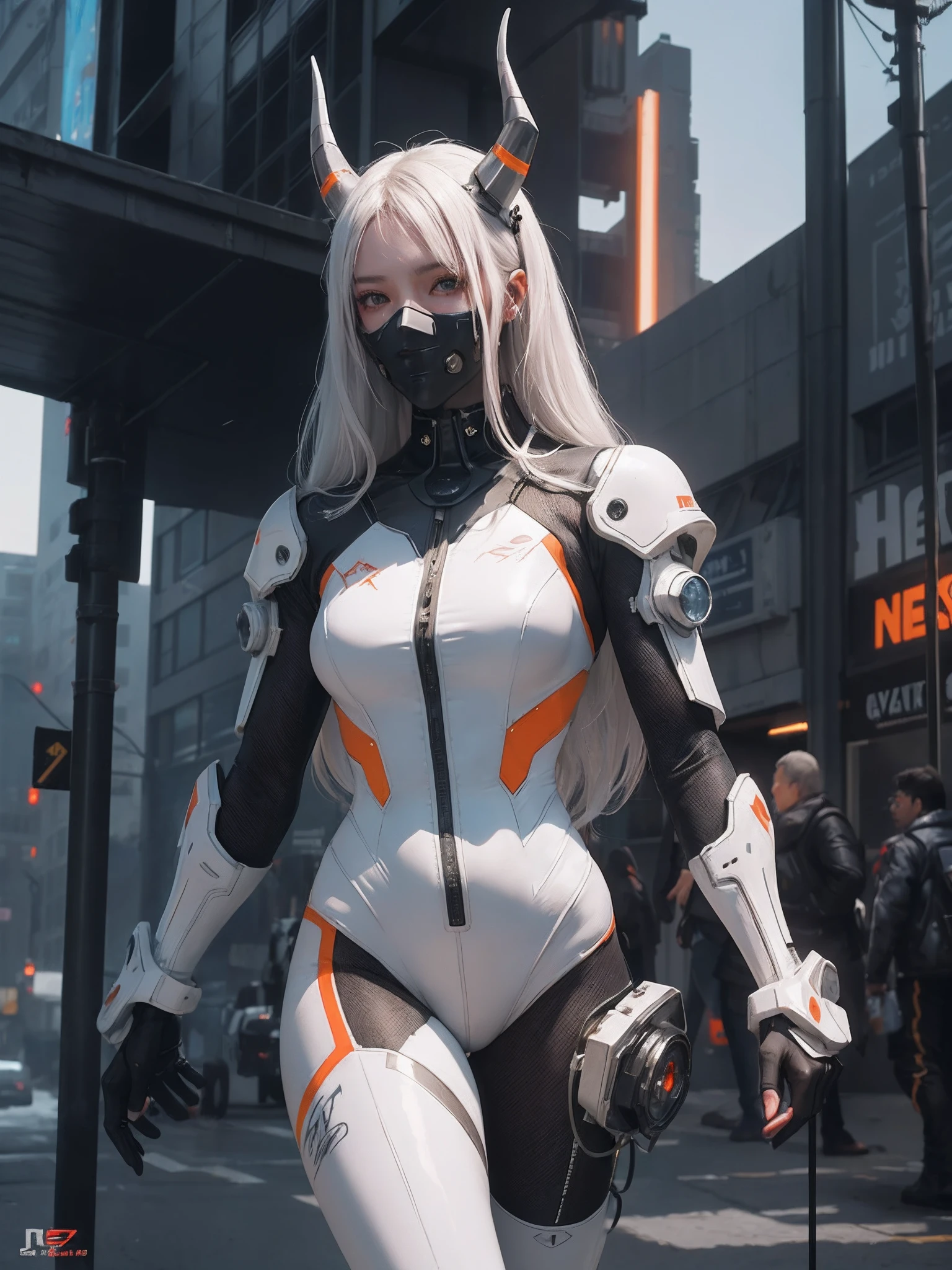 1girl, a beautiful girl cyborg cyberpunk with a cyberpunk scape tall buildings, white hair, cyber mask, cyber horn, white and orange and black machine suit color combination, the body full of machine, realistic futuristic hologram, asian skin tone, beautiful eye, beautiful asian face, cyber ear machine, suits is solid mecha, realistic machine, sci fi scape, manipulation is a masterpiece, long hair, masterpiece, suit of cyberpunk, realistic sci fi building texture mecha aestethic, digital cyberpunk, looming over a city, cyber technology, realistic hair, lots of hair, white of hair, realistic metal solid texture of building, realistic neon glow, realistic neon sign, wonderful side lighting, realistic futuristic cyberpunk building, realistic girl robot cyberpunk, fog, foogy, masterpiece of detail, RAW IMAGE, depth of field, point of interes, depth of field is masterpiece, best photography composition masterpiece, natural realistic hair, rule of third masterpiece photography, natural lighting, photography masterpiece natural lighting from side, realistic skin texture, strong reflection, ( pose pinterest) masterpiece beautiful, Devil Horns, smooth pixel, ray of light, soft light, small breasts, mastepiece of cyber mask, masterpiece fantasy gun, carry a fantasy weapon, weapon fantasy (artstation)