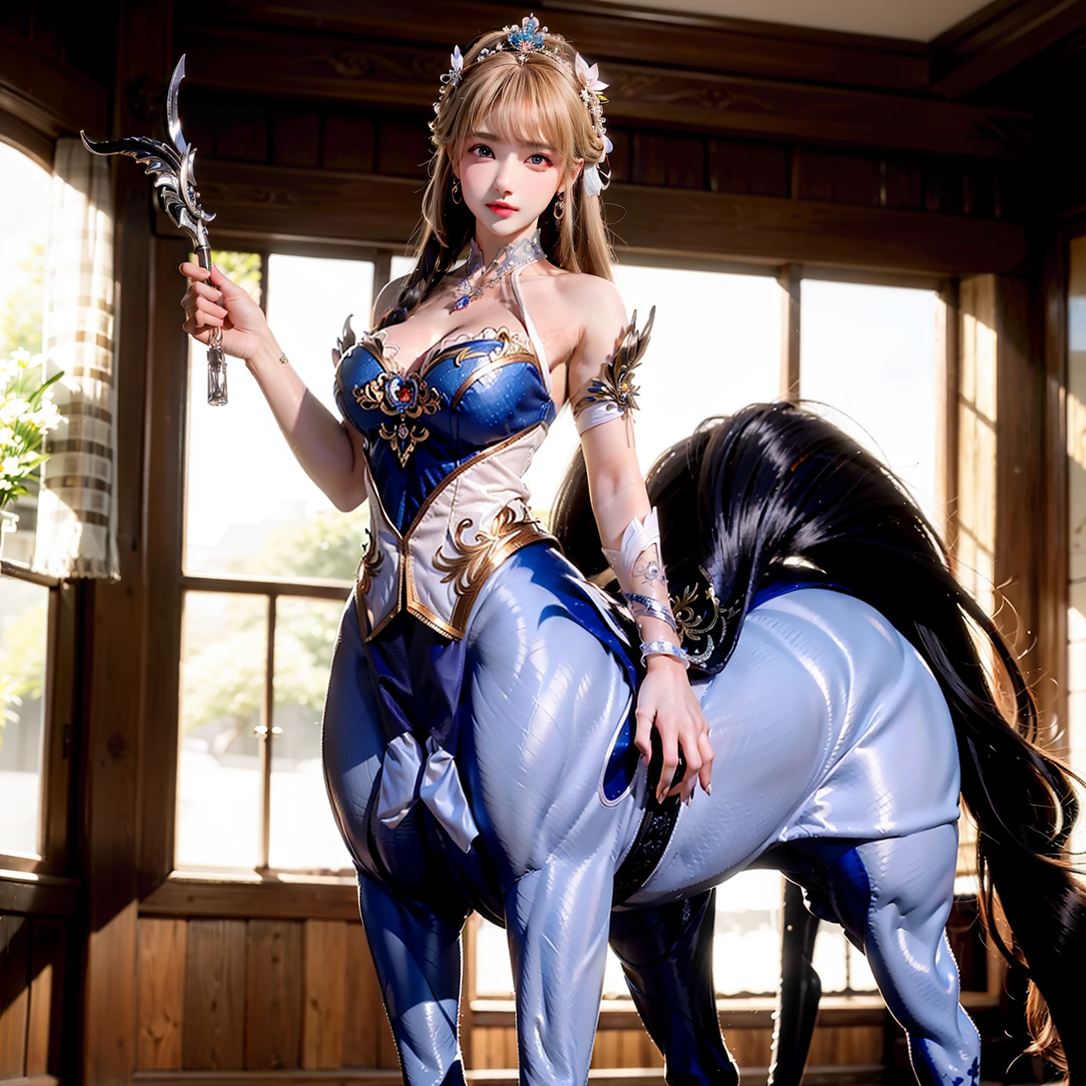 tmasterpiece，Highest high resolution，Full body like，Centaur girl，4 legs，Holding a spear pointing forward，Full body like，wearing high heels，Wearing armor，Aggressive stance，Faraway view，in a panoramic view，4K,Dynamic bust of a beautiful royal maiden，Delicate blonde braided hair，Blue clear eyes，The hair is covered with beautiful and delicate floral craftsmanship, Crystal jewelry filigree，Ultra-detailed details，upscaled。Cosmetic effects