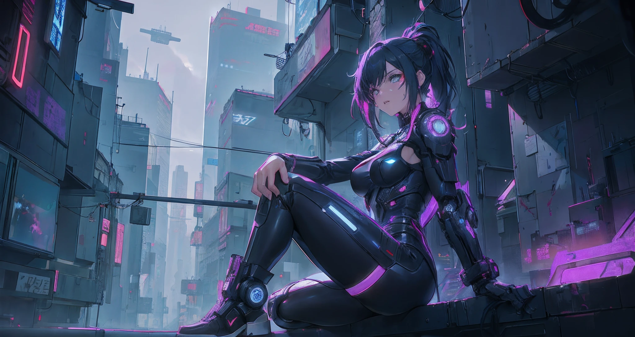 Anime girl sitting on shelf in futuristic city with neon lights, Digital Cyberpunk Anime Art, anime cyberpunk art, digital cyberpunk - anime art, cyberpunk anime art, Cyberpunk Anime Girl, female cyberpunk anime girl, Cyberpunk anime girl mecha, cyberpunk art style, dreamy cyberpunk girl, modern cyberpunk anime, cyberpunk themed art, anime cyberpunk, in the cyberpunk city, in a futuristic cyberpunk city