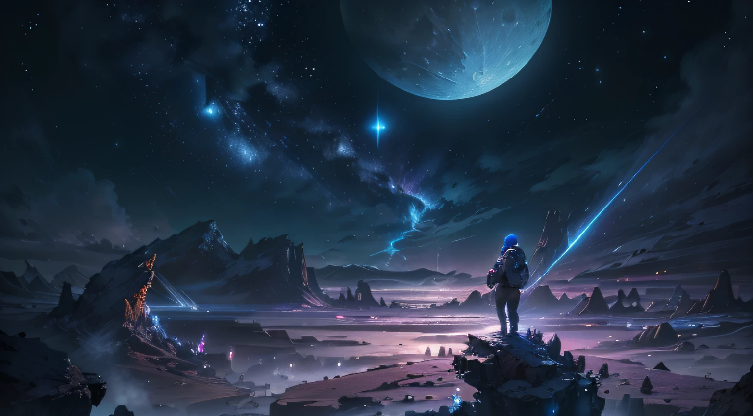 Expansive landscape photograph , (View from below,Displays the sky above and the clearing below), A boy stands on a hill and looks up, (full moon:1.2), ( meteors:0.9), (Starcloud:1.3), Far Mountain, production art, (Warm light source:1.2), (Firefly:1.2), lamp lights, lots of purples and oranges, Intricate details, voluminetric lighting, Realism BREAK
(Masterpiece:1.2), (Best quality), 4K, Ultra-detailed, (Dynamic composition:1.4), Highly detailed, Colorful details,( Iridescent colors:1.2), (luminouslighting, Atmospheric lighting), Dreamy, magical, (Solo:1.2), space, milky ways