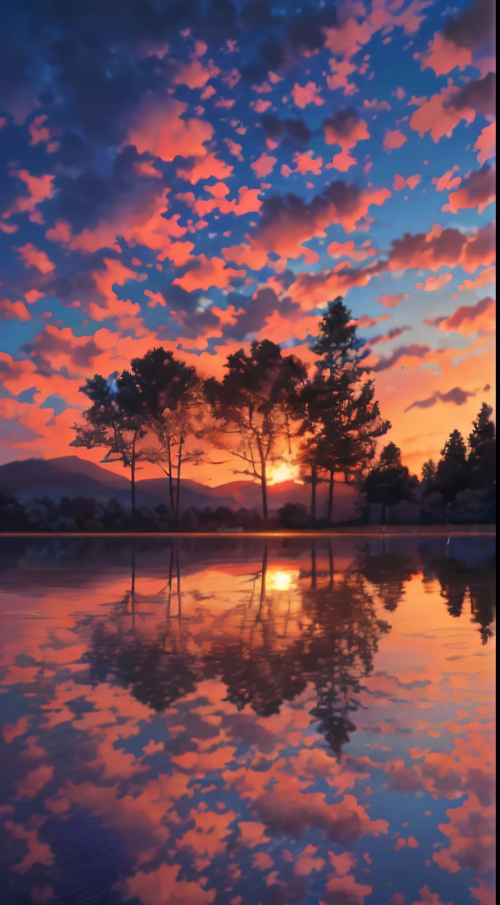 there is a beautiful sunset with a lake and trees in the background, colorful skies, surreal colors, colorful sunset, colorful sky, marvellous reflection of the sky, stunning sky, dream like atmosphere 8k, colorful clouds, colors reflecting on lake, surreal sky, red and blue reflections, fire reflection, beautiful sky, beautiful and spectacular dusk, beautiful dreamy landscape, amazing sky