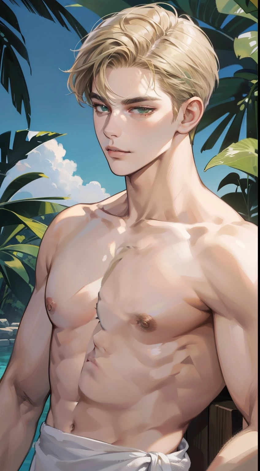masterpiece, best quality, realistic, 1man, mature male, quiet and charming young man, 18 years old, a smirk, closed mouth, portrait, extremely detailed face, ((dark green eyes)), ((short-side-swept sandy blonde hair)), [thick eyebrows], upper body, ((upper body upper naked with some towel)), slightly build body, relax