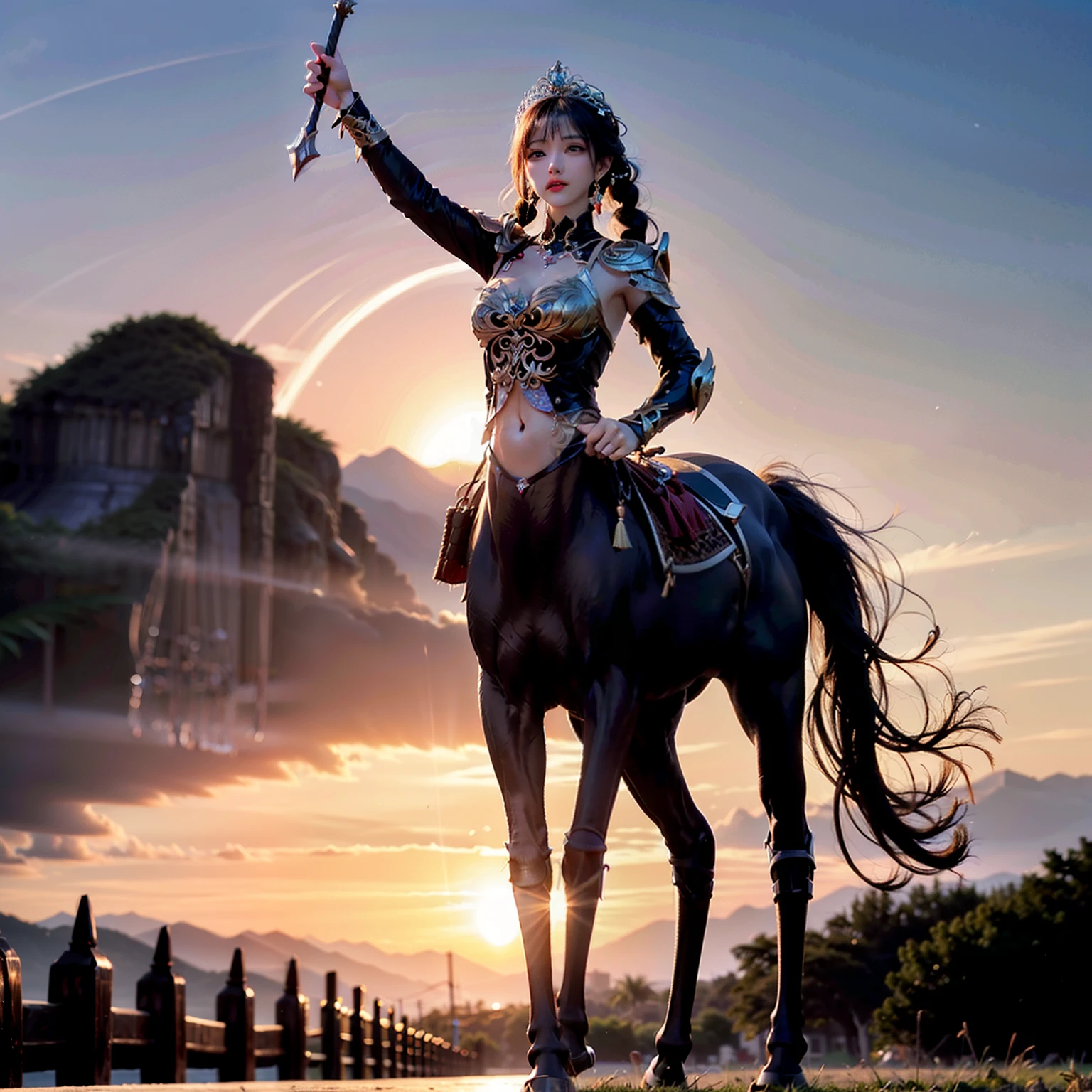 tmasterpiece，Highest high resolution，Full body like，Centaur girl，4 legs，Holding a spear pointing forward，Full body like，Wearing armor，Aggressive stance，Faraway view，in a panoramic view，4K,Dynamic bust of a beautiful royal maiden，Delicate blonde braided hair，Blue clear eyes，The hair is covered with beautiful and delicate floral craftsmanship, Crystal jewelry filigree，Ultra-detailed details，upscaled。Cosmetic effects