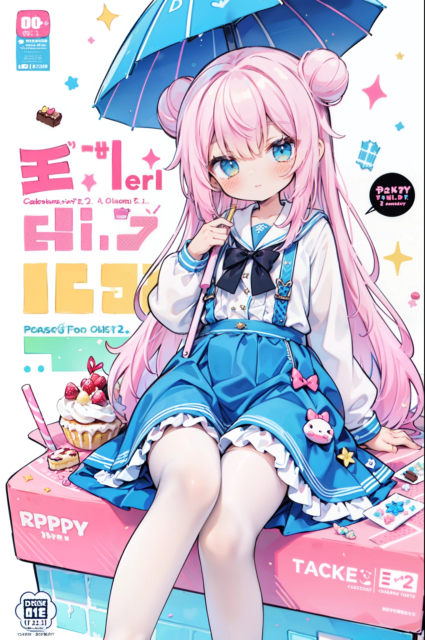1girl in, ((Cartoon cover))、Pastel muted colors,holding a pastel umbrella、umbrellas、 (The color palette is yellow:1.2, Blue:1.2, Pink:1.2), (Blue hair bun and blonde), Short Fashion Skirt, Sitting on a throne made of sweets and pastries, For example, donut, sprinkle, candy, lollipop, candy cane, a cake, cupcake, Cake Pop, Ruffles and lace, polka dot, Long bat ears