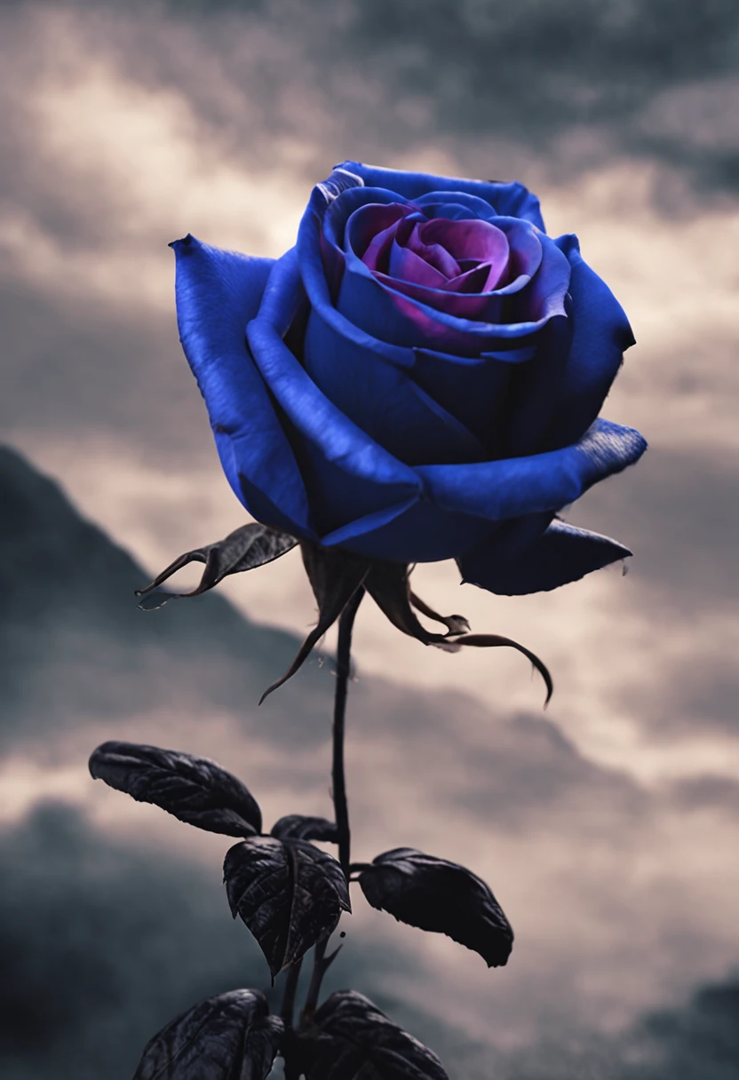 (Best quality, 8K, 32K, Masterpiece, hyper HD:1.3), Dark blue rose, With stem, Render in a realistic style,The edges are sharp,The atmosphere is lonely