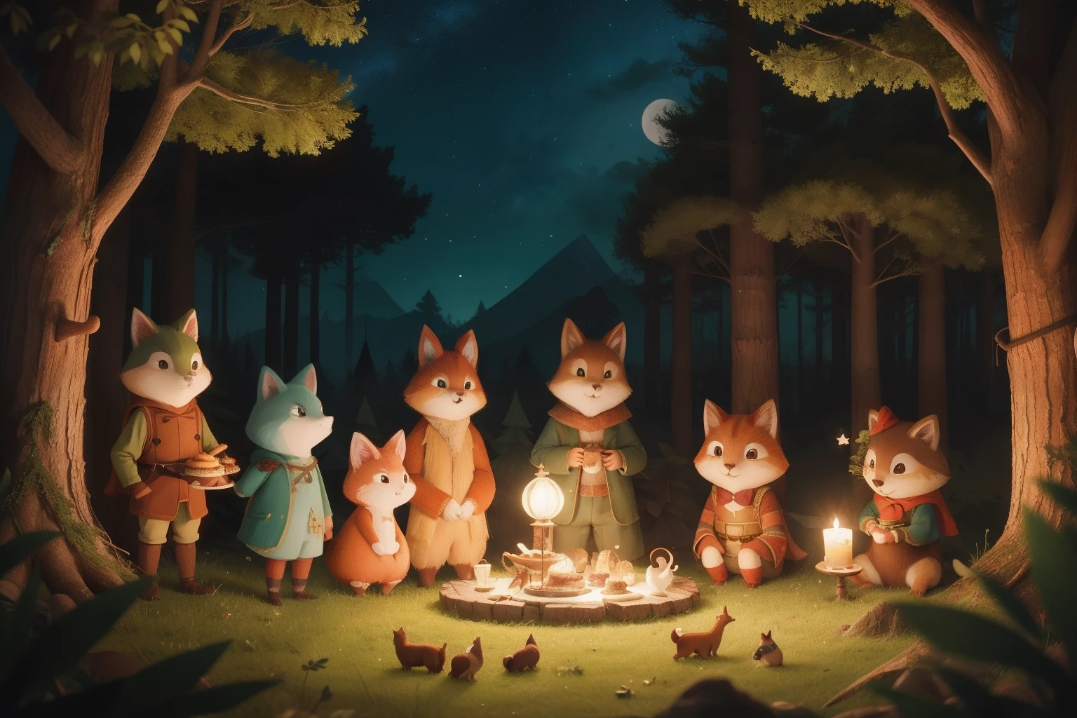Within an enchanting Wes Anderson forest, a group of adventurers with whimsical hairstyles and outfits stumbles upon a hidden village of woodland creatures who invite them to a mesmerizing feast under the starry sky.