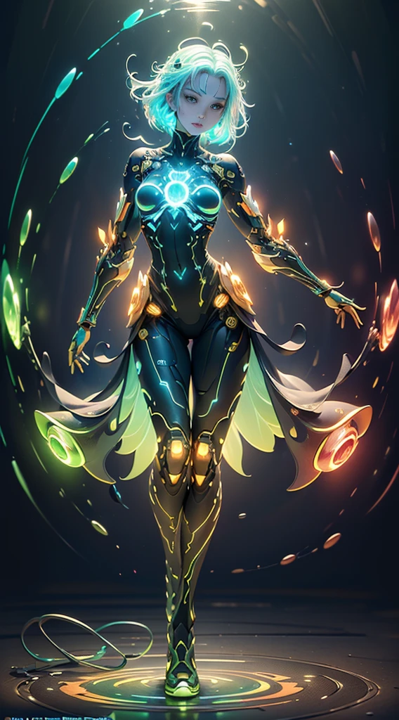 (Dynamic angle:1.4), ((Full body posing:1.5), (colorful:1.2), (extremely detailed CG unity 16k wallpaper:1.1), (Denoising strength: 1.45), (tmasterpiece:1.37), ((official art)), ((ultra-detailed)), (dynamic angle), ((floating)), (paint), (((high saturation))), (((surrounded by colorful splashes))), (((surrounded by colorful dot))), colorful bubble, ((shining)), frozen nature, flower, subsurface scattering, transparent, translucent skin, glow, Bioluminescent liquid, 3d style, cyborg style, Movie Still, Leonardo Style, warm color, vibrant, volumetric light, (illustration), bloom, (((masterpiece))), (((best quality)))