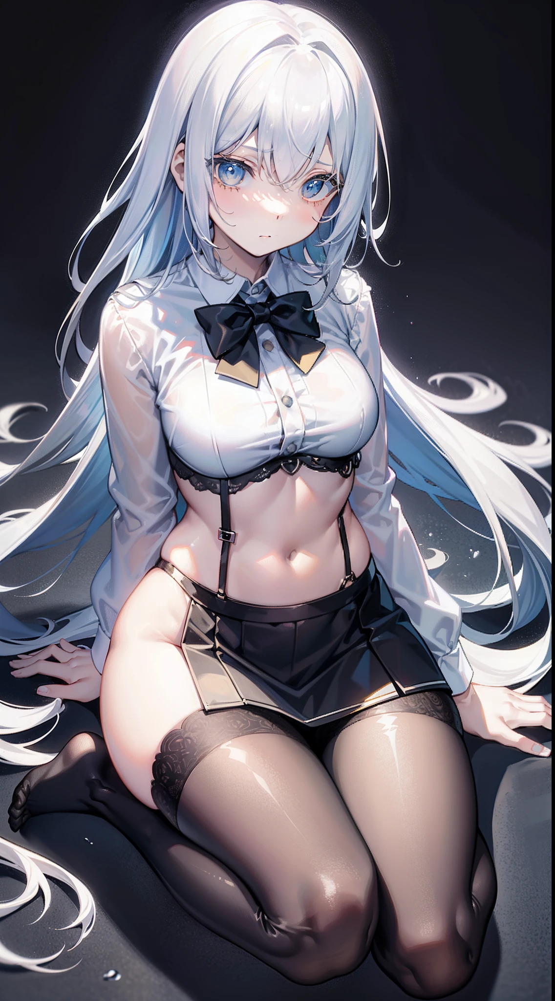 masutepiece((tmasterpiece)),(White collar blouse),((Black Microskirt)),(black transparent stockings),adolable,is shy,(Long yellow)hair,red bowtie,long legged,(By the sea),(Facing the sea),open navel,No shoes on