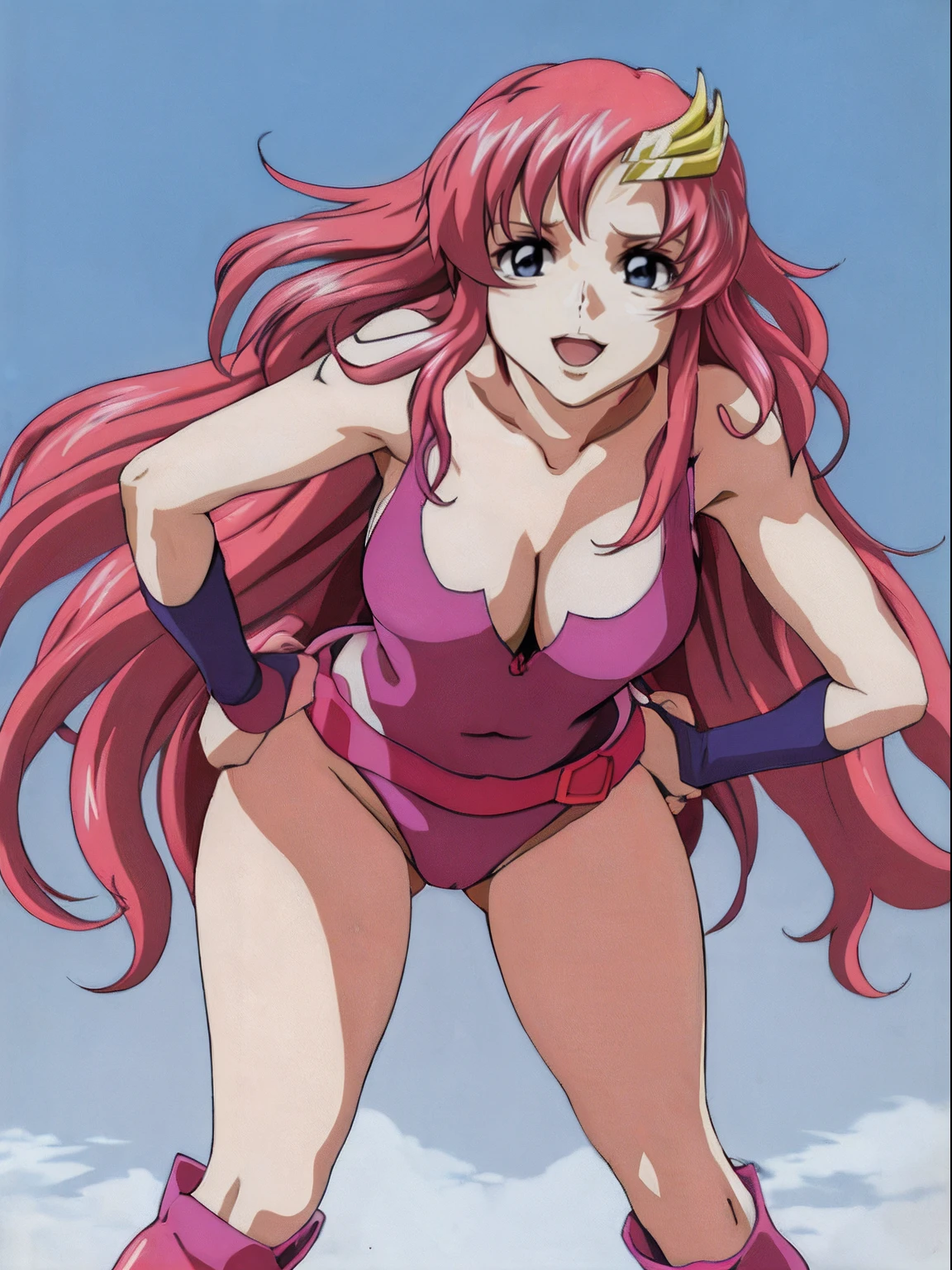 (masterpiece, 4K, Best Quality, Anime style: 1.9, bold drawing lines, High color saturation, Detailed face, tall, Adult Woman, lovely, (cloud background), Drawing lines, high resolution, Anime, lacus4), 1girl in, Solo, curvy figure, Long hair, 鎖骨, scapular, Wavy Hair, Detailed wide hair bangs, Hair Ornament, Detailed reddish-pink hair, cleavage, large hands, Big blue eyes, closed mouth, (cute Smile), ((closed fists)), (laughing, open mouth), ((medium breasts)), ((pink strapless wrestling leotard only), (wrestling long boots), bare thighs, groin lines, strong arms, biceps, rib lines, ((lean forward)), legs, standing, (hands on hips), happy, bare shoulders, (navel), pink elbow pads, (champion belt)