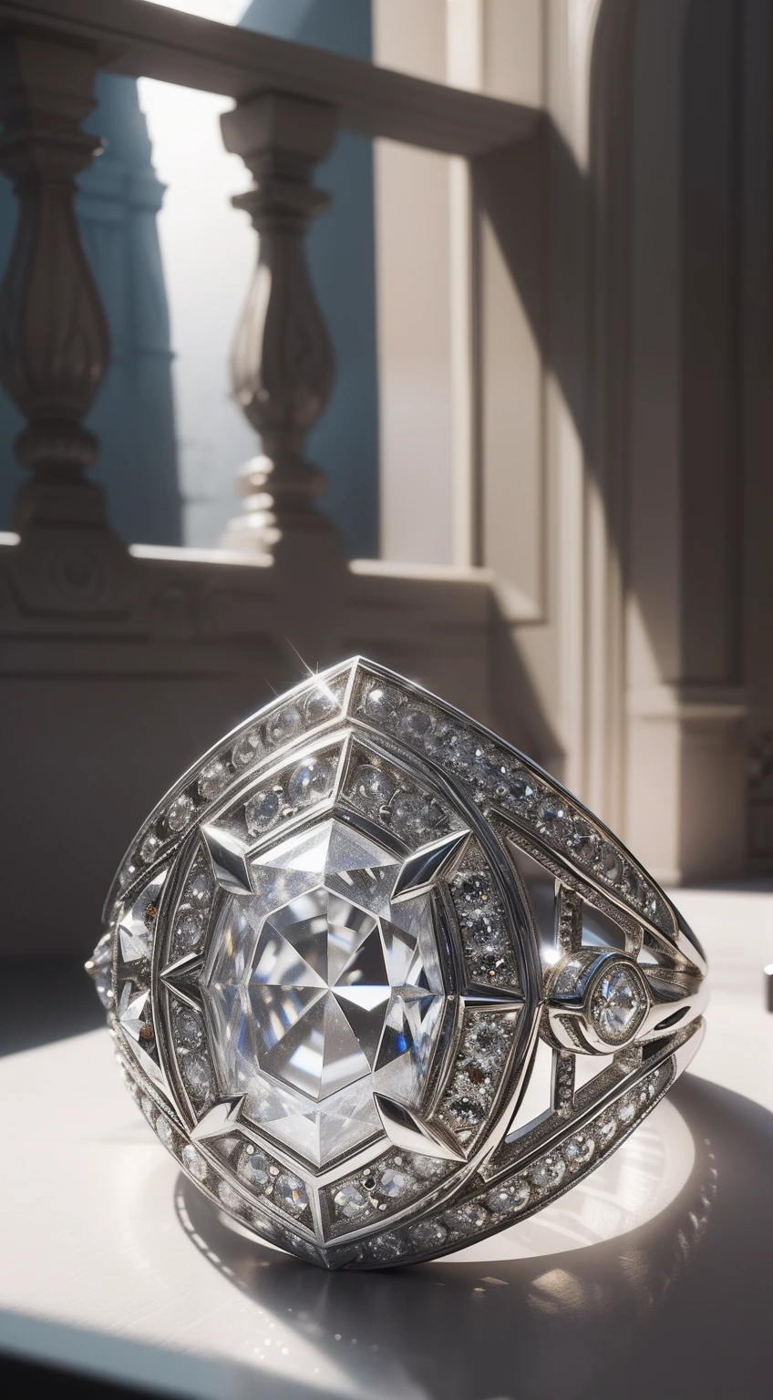 Dazzling ring，Close-up of details，（The entire ring must appear intact in the drawing:1.3)，Finely cut pyramid-shaped crystal diamond，African blood diamonds，(Silver-white silver setting:1.3)，（Very detailed diamond structure），（Exquisite diamonds），Silvery-white sparkling，The ring is engraved with ancient and delicate mysterious patterns，（The ring is depicted in detail），Dazzling light，Elevation viewing angle，In the background is a luxurious medieval bedroom，The bedroom has a layered depth of field effect（light and shadow effect），（Depth of field effect），（Tyndall），（Light particle tracing），（CG），（Cinematic lighting visuals），（Volumetriclighting），（Unreal 5），（cinema4d），（vivd colour）,（Obvious layers）,（Photography Award）,（8k wallpaper）,（Masterpiece）,（best qualtiy）, photorealestic，realisticlying