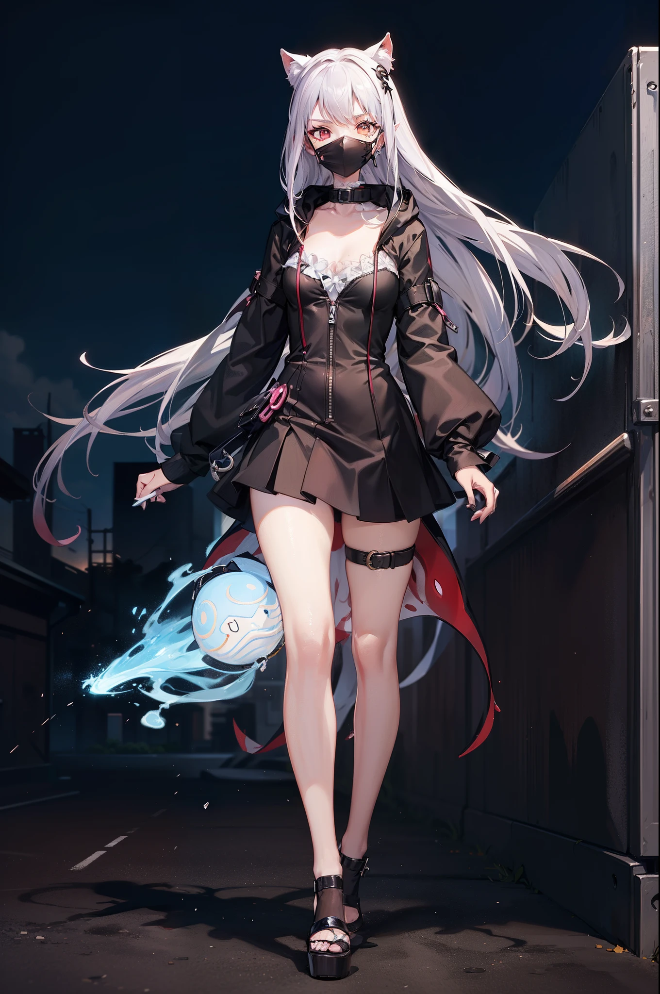 full length, Thin man, Long arms, Pale skin, Torn lab coat, expensive, Long legs, Torn trousers, Torn shoes, Close one eye