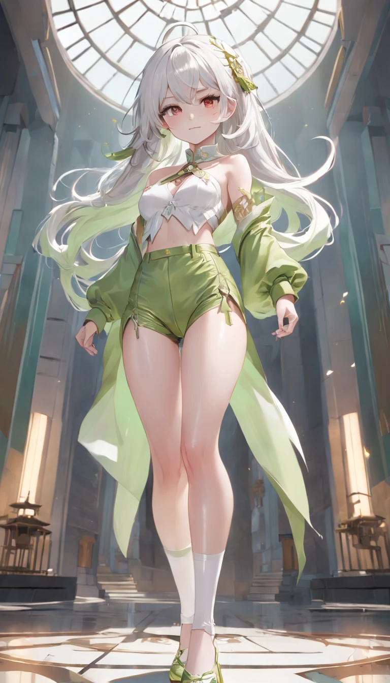 (Dynamic angle:1.4), ((Full body posing:1.5), (colorful:1.2), (extremely detailed CG unity 16k wallpaper:1.1), (Denoising strength: 1.45), (tmasterpiece:1.37), ((official art)), top quality, Representative work, high-rise, beautiful face, (creamy white skin, fair skin, shiny skin, real skin: 1.1), (thin legs, thin waist, smile, shyness, panoramic, white hair, standing posture, palace, palace: 1.1), (representative work, highest quality, official art, beauty and aesthetics: 1.2), (1 girl: 1.3), (fractal art: 1.3). Looking at the viewer, (naked back: 1.3), Light green loose pants, green pants, red shoes, shoes, color tone, white socks, (white decorative pommel on the upper: 1.3) white decoration_ Fluff_ Balls are on the shoes Lora: diaochan v2:0.9>. 1 girl, standing, walking along, dark, sad, stone, natural, (blue: 1.2), (large surface color: 1) (sketch geometry: 1) red clothes, (masterpiece), (masterpiece), best quality