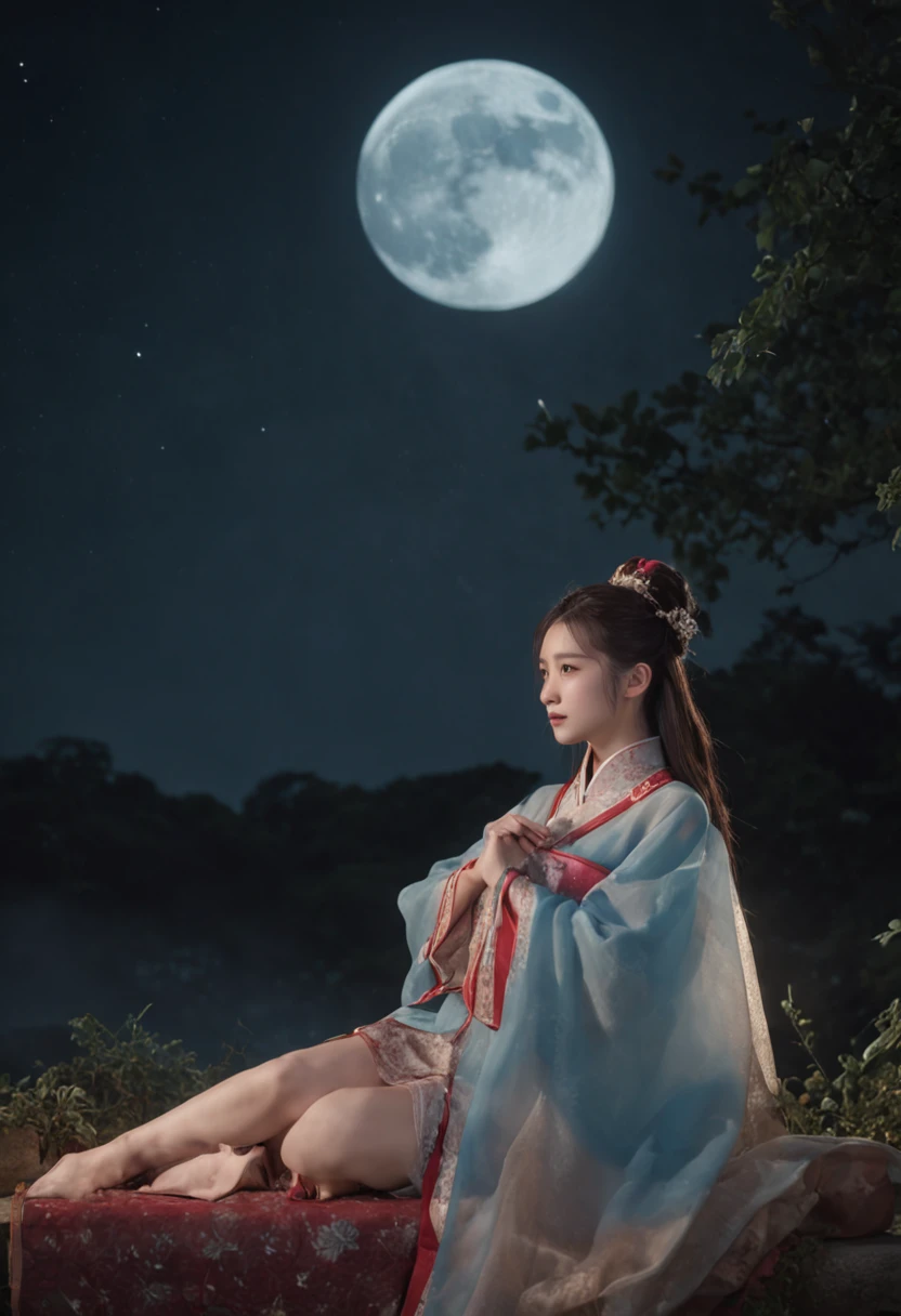 in a panoramic view，magic realism， anime big breast，Masterpiece, hyper HD, Super detail, High details, Best quality, A high resolution, A high resolution, Award-Awarded, Award-Awarded, Anatomically correct, 8K，），（full moon，holding hands in the moonlight，Peaceful night sky in the background，Traditional romance, xianxia fantasy, Chinese fantasy, beautiful moonlight night, Chinese style, moonlit night dreamy atmosphere），（Boy in blue and anime girl in red dress：1.5，Delicate girl，beuaty girl，Chinese Hanfu，inspired by Leng Mei，Romantic atmosphere：1.5，Cinematic lighting，Chinese premium color scheme）, One shoulder bare, Huge bust，乳溝，japanaese girl, 16 yaers old , Thin face, Small stature,, Slim waist, full bodyesbian,on the floor on all fours,