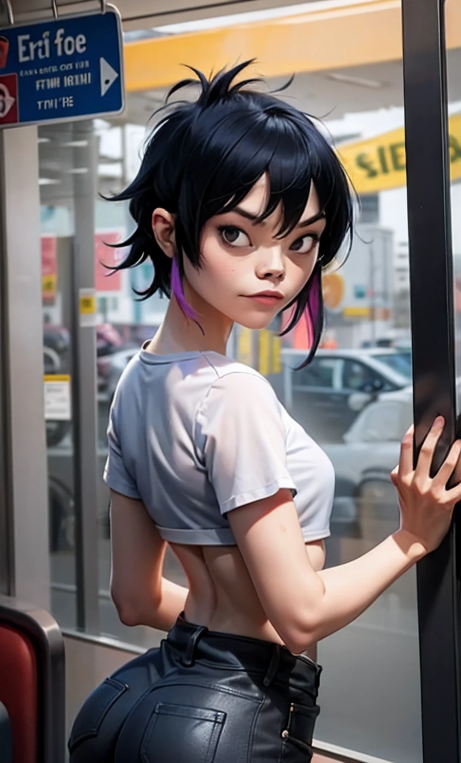 (masterpiece, best quality:1.2), noodle (gorillaz), black hair, 1girl, streaked hair, black eyes, multicolored hair, bangs, parted lips, breasts, small breasts, bob cut, masterpiece, ,(solo:1.1), perfect face, (bright lighting:1.2),beautiful detailed eyes, extremely detailed face, perfect lighting,grab,Woman travels on the train and a man grabs her ass, man's hand on girl's ass
